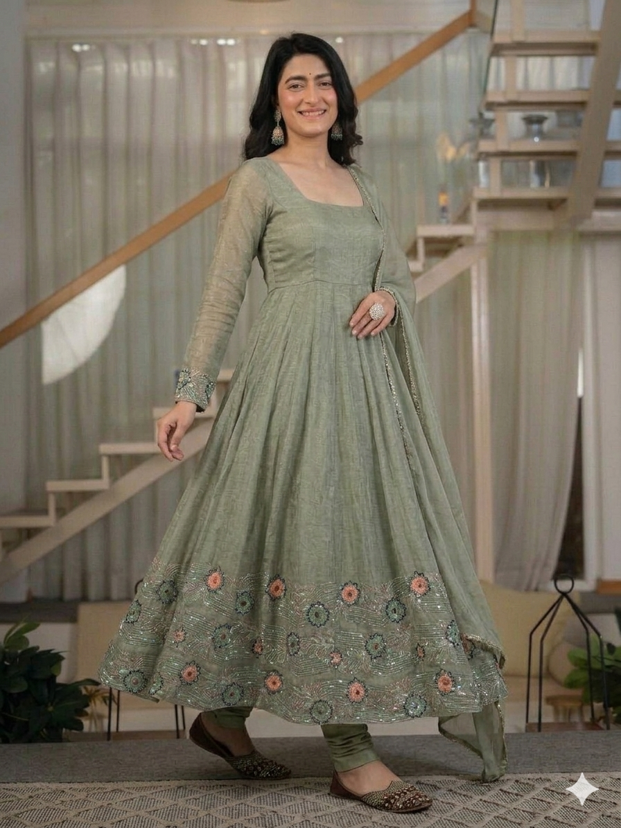 Sage Green Floral Sequin Embroidered Anarkali Suit with Dupatta