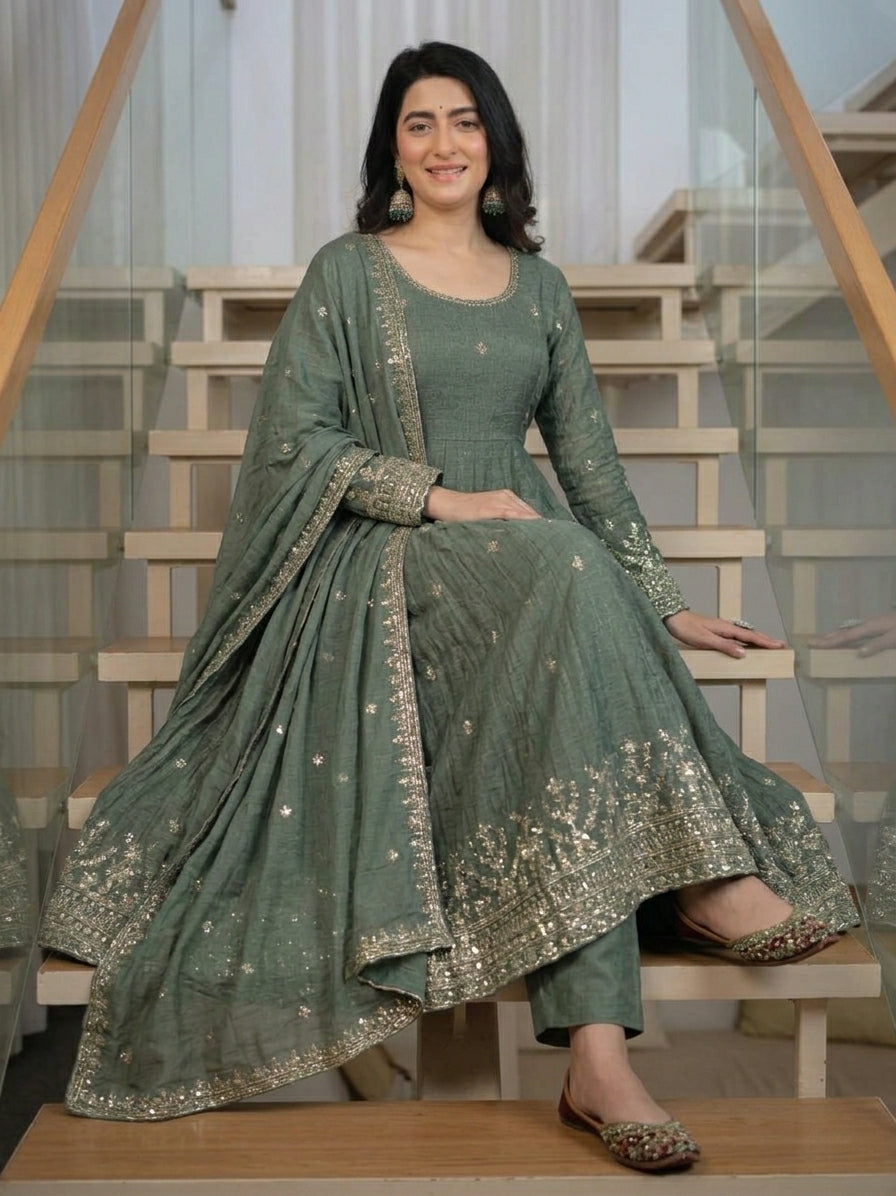 Sage Green Embroidered Anarkali Suit with Dupatta
