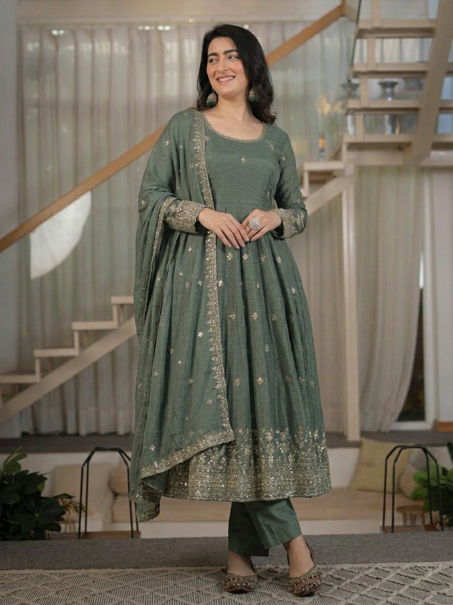 Sage Green Embroidered Anarkali Suit with Dupatta