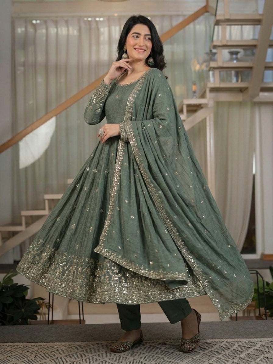 Sage Green Embroidered Anarkali Suit with Dupatta