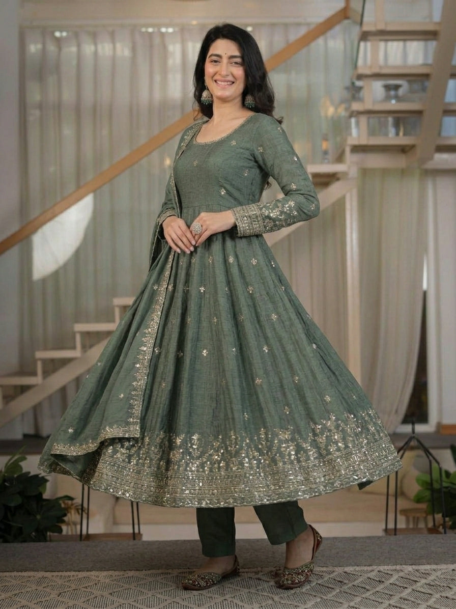 Sage Green Embroidered Anarkali Suit with Dupatta