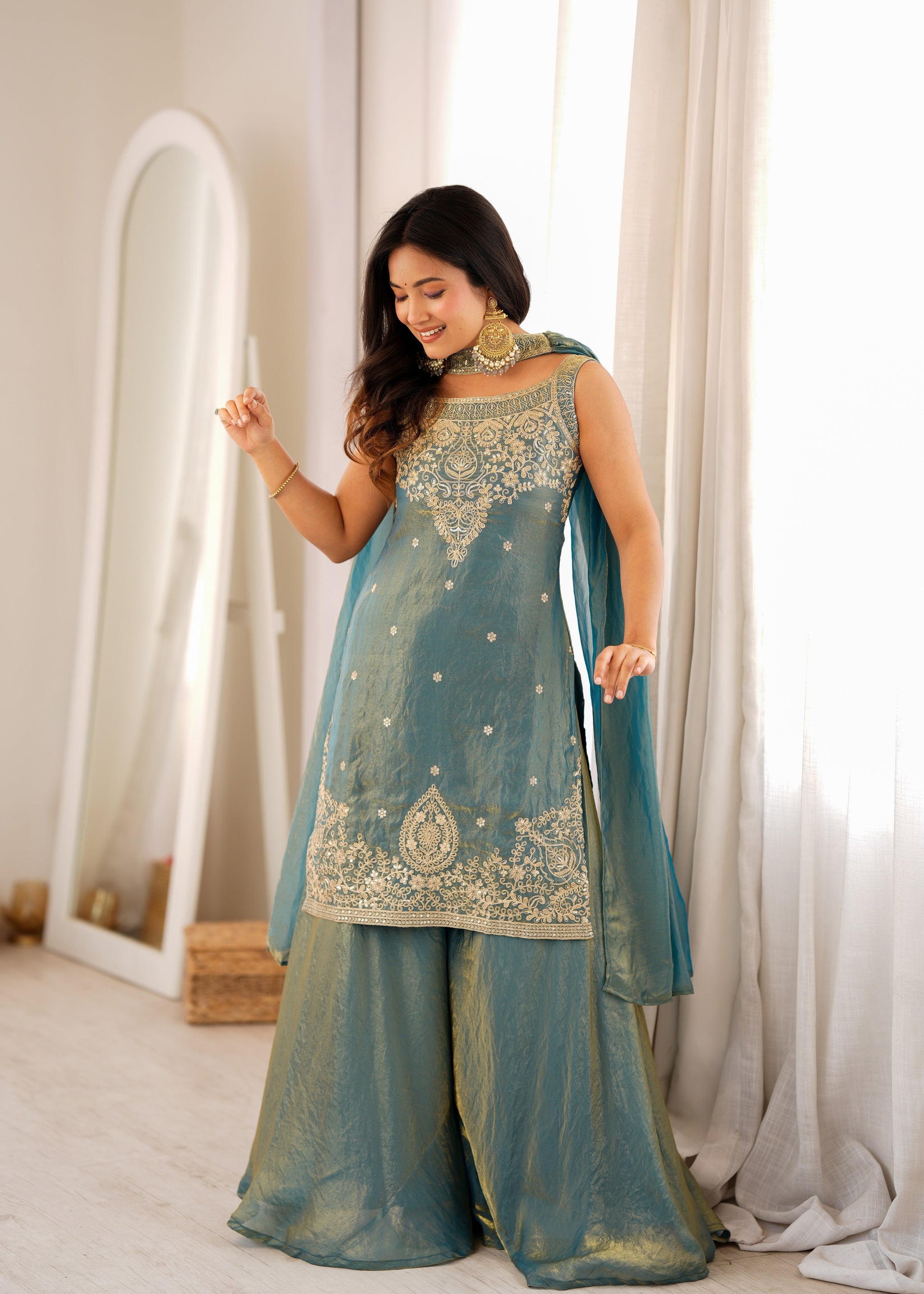 Dusty Blue Color Fendi Silk Embroidered Sharara Suit