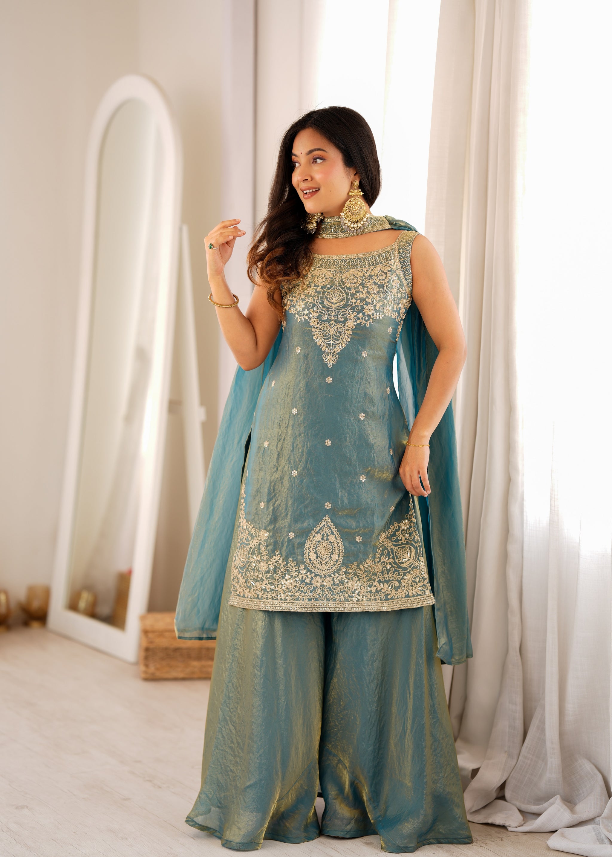 Dusty Blue Color Fendi Silk Embroidered Sharara Suit