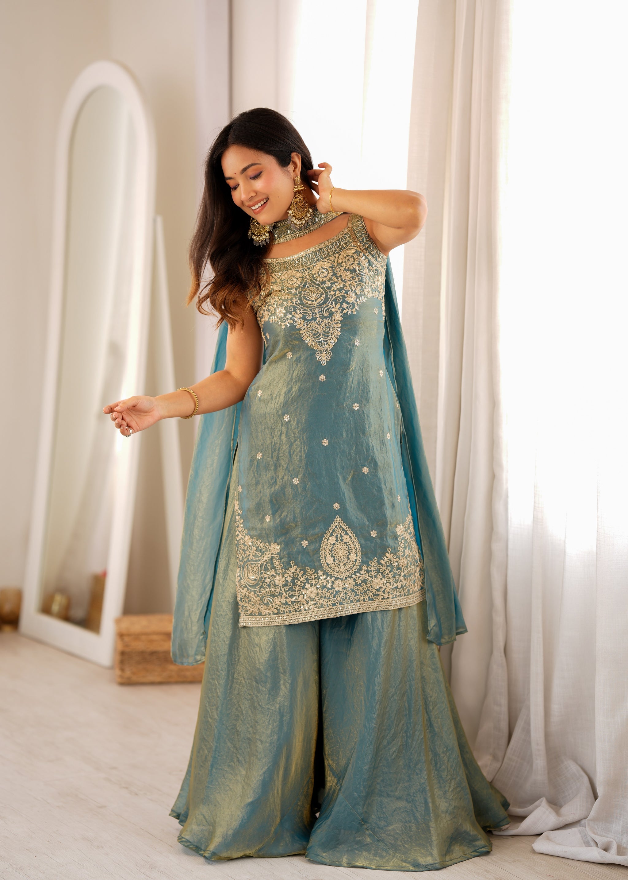 Dusty Blue Color Fendi Silk Embroidered Sharara Suit