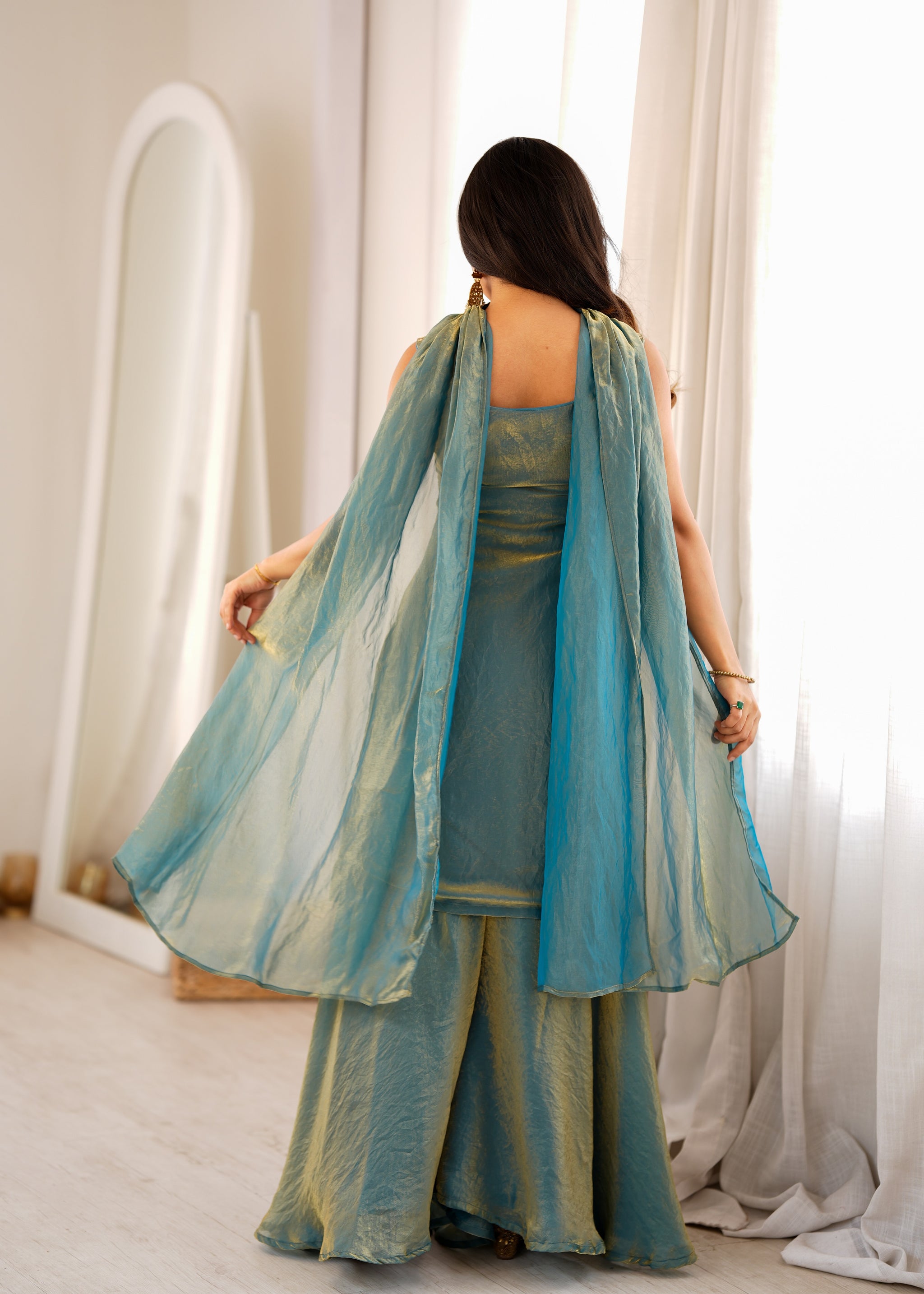 Dusty Blue Color Fendi Silk Embroidered Sharara Suit