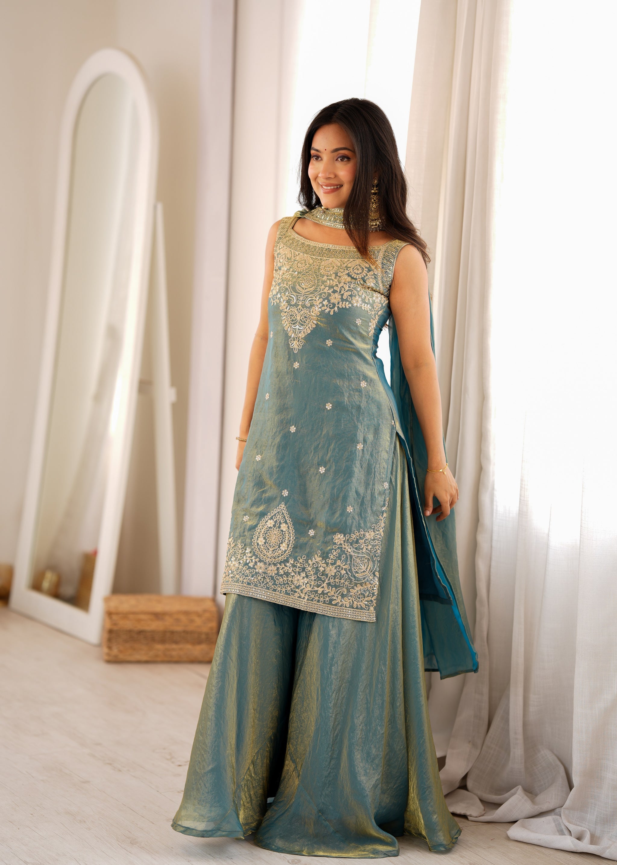 Dusty Blue Color Fendi Silk Embroidered Sharara Suit