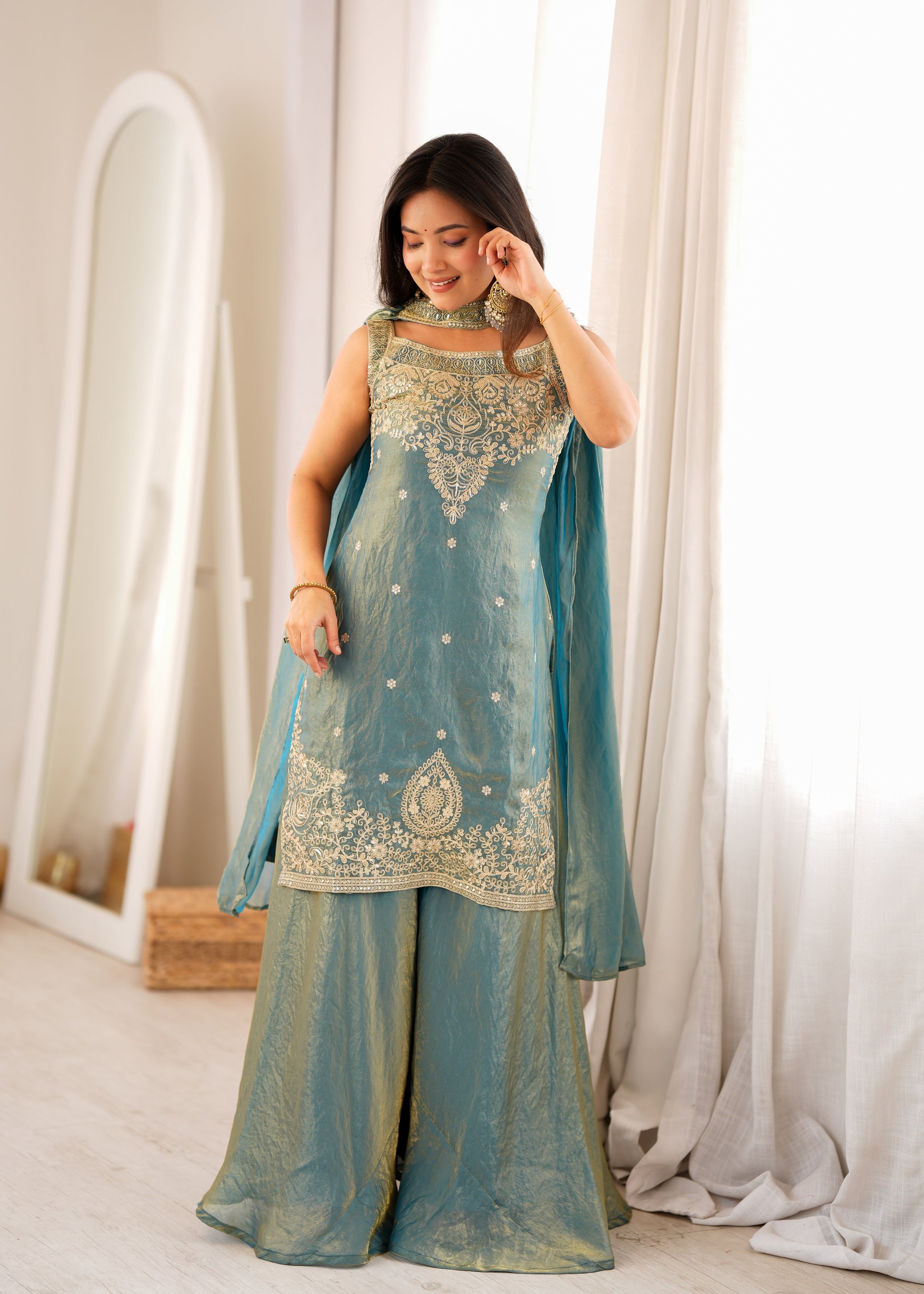 Dusty Blue Color Fendi Silk Embroidered Sharara Suit
