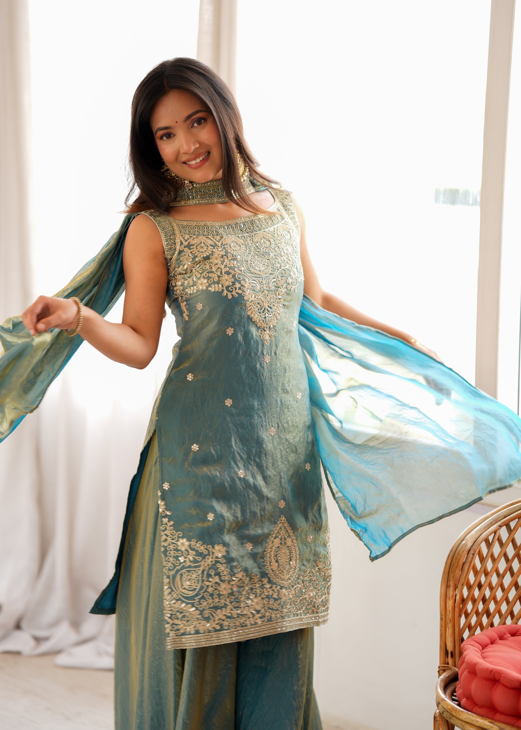 Dusty Blue Color Fendi Silk Embroidered Sharara Suit