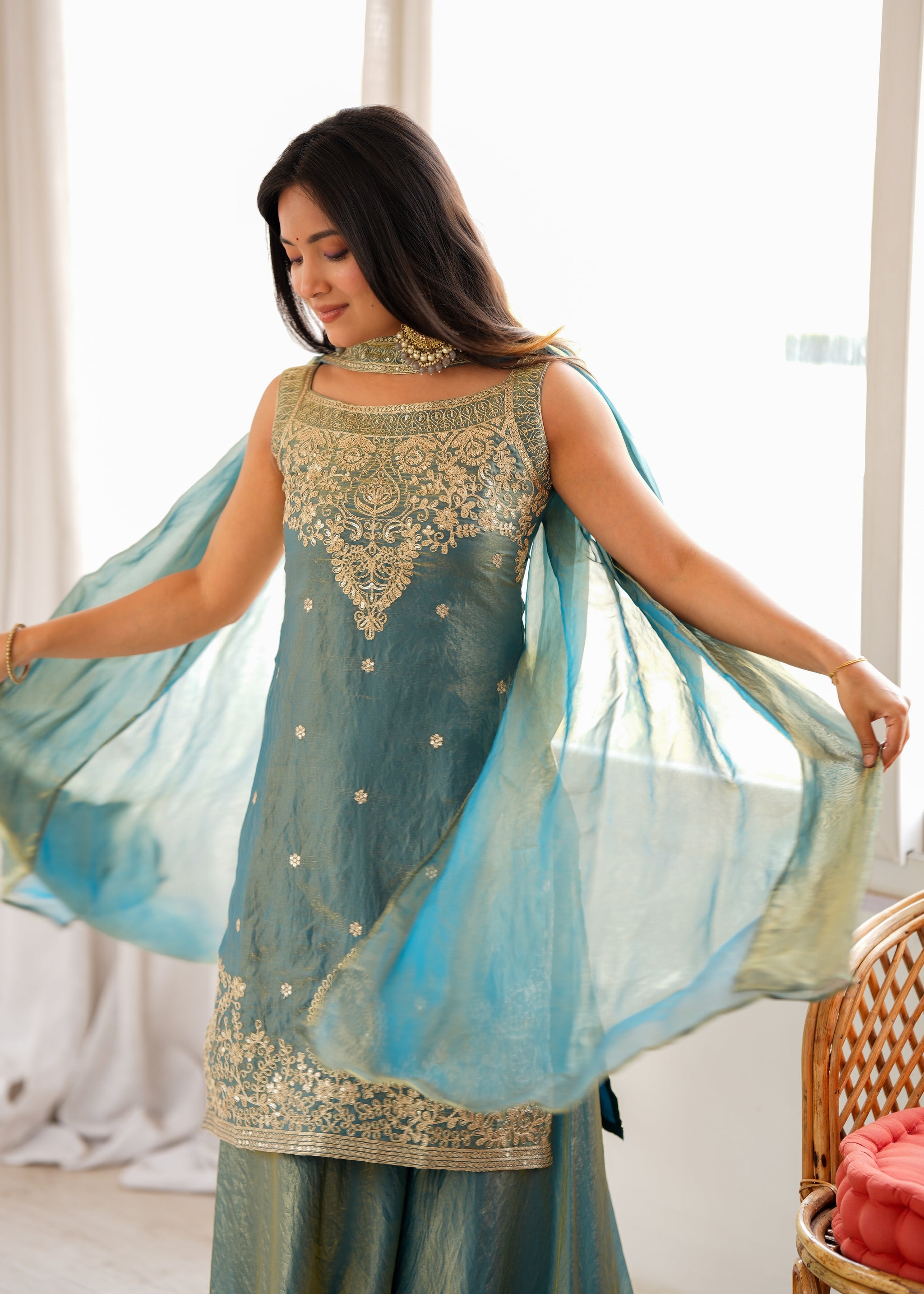 Dusty Blue Color Fendi Silk Embroidered Sharara Suit