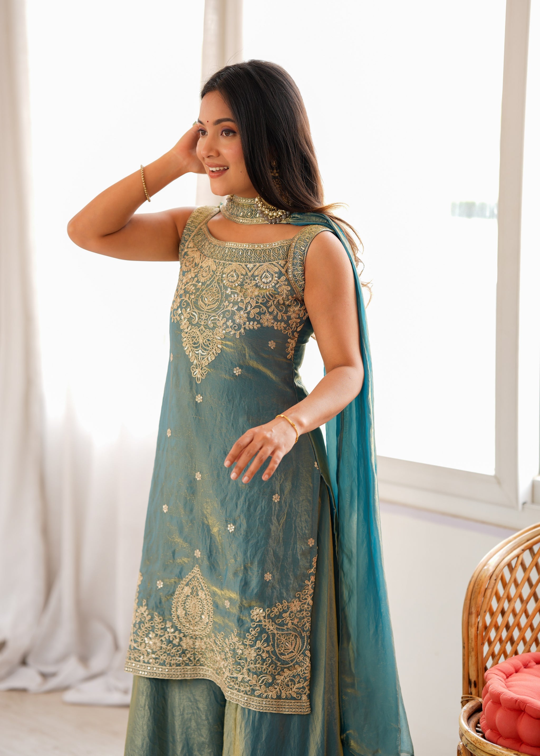 Dusty Blue Color Fendi Silk Embroidered Sharara Suit
