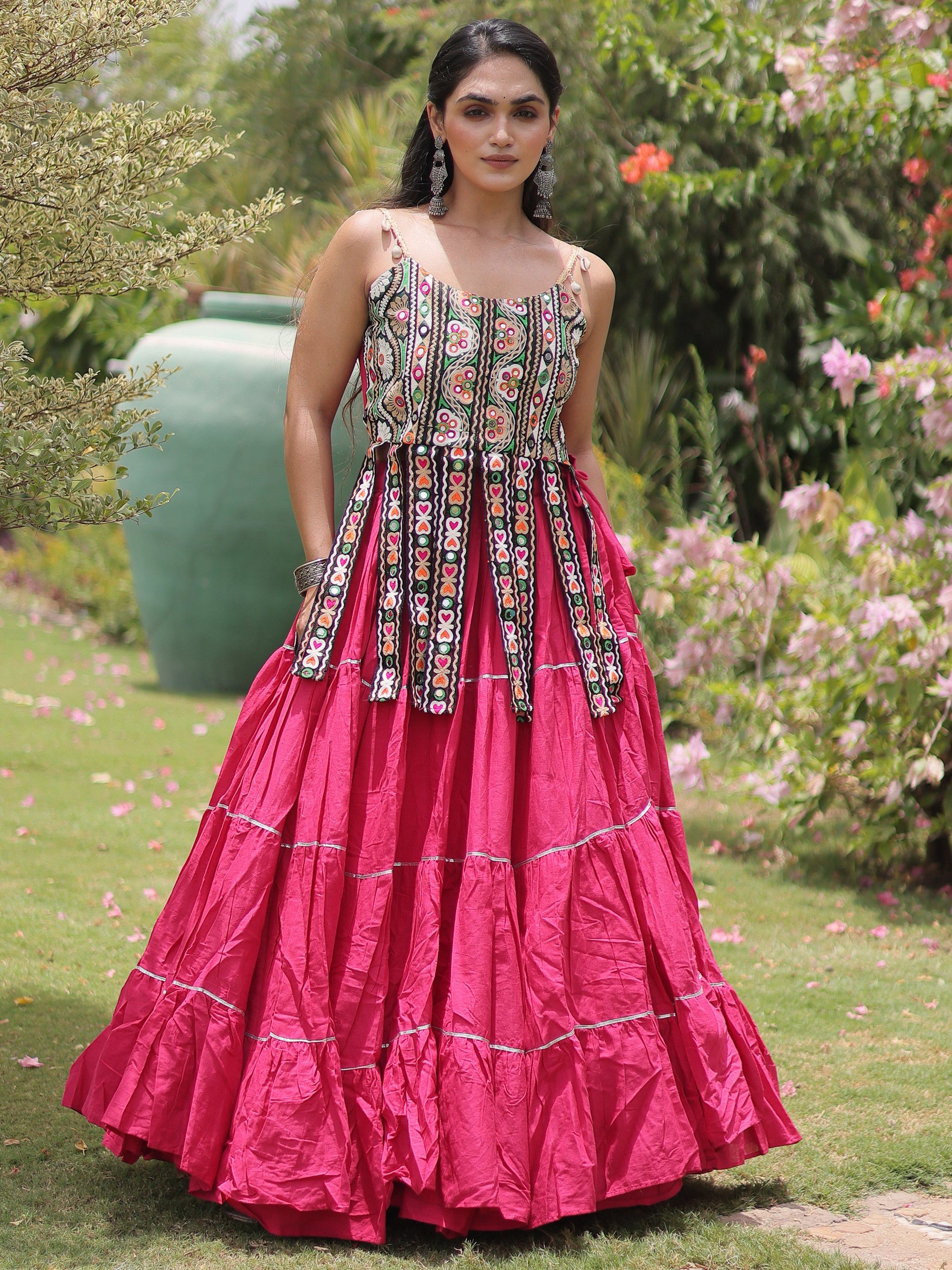 Stupendous Pink Patch Work Cotton Navratri Special Lehenga Choli