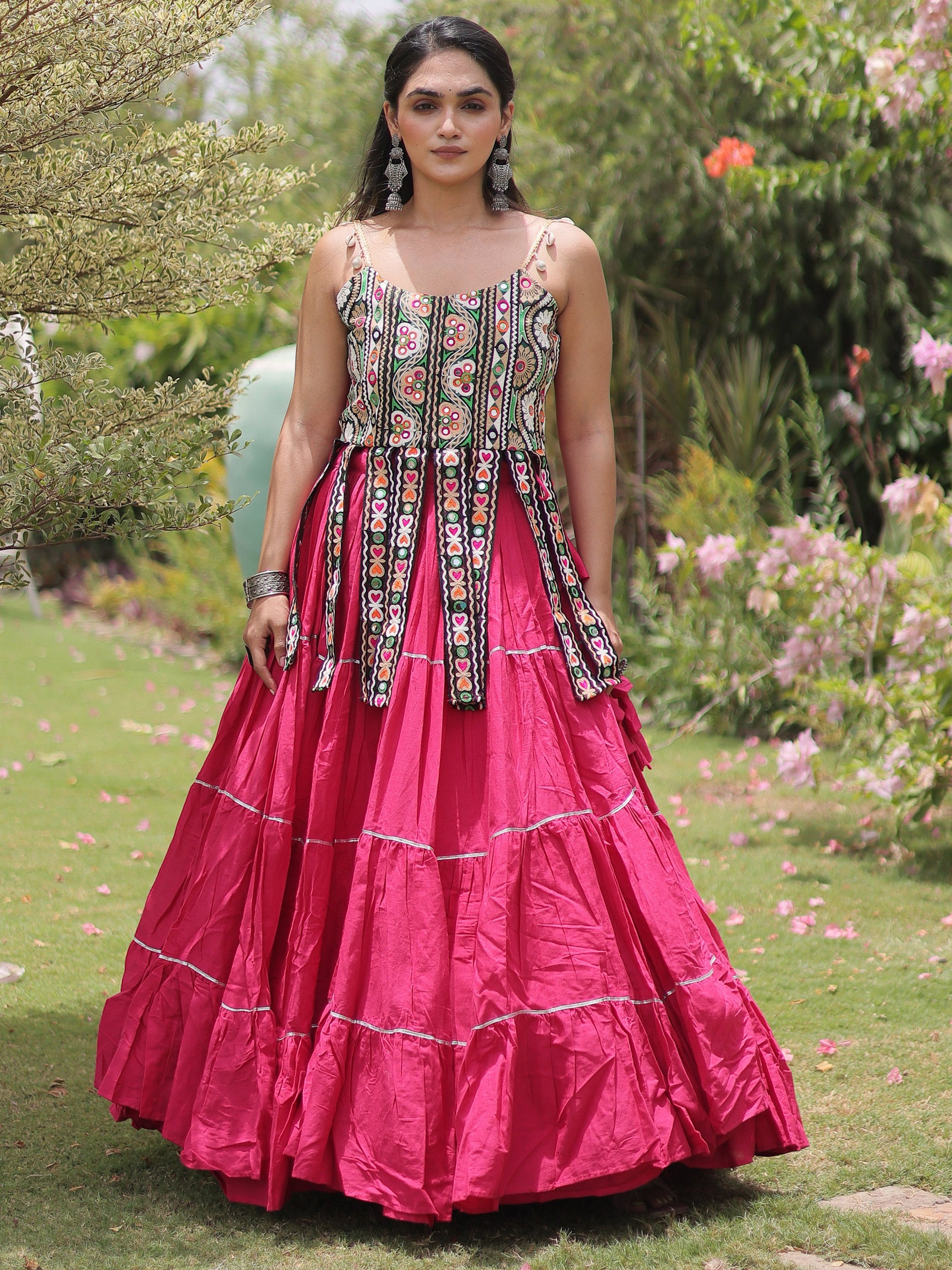 Stupendous Pink Patch Work Cotton Navratri Special Lehenga Choli