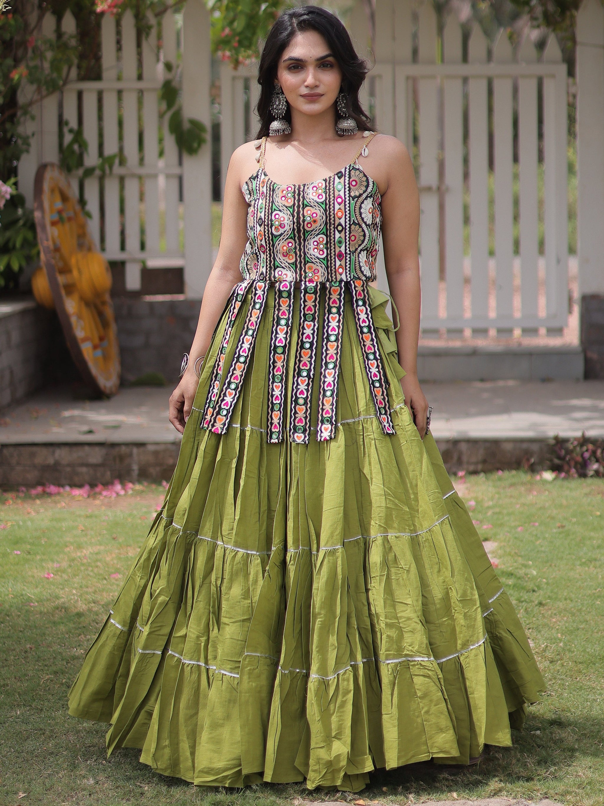 Fantastic Pista Green Laced Cotton Navratri Lehenga Choli