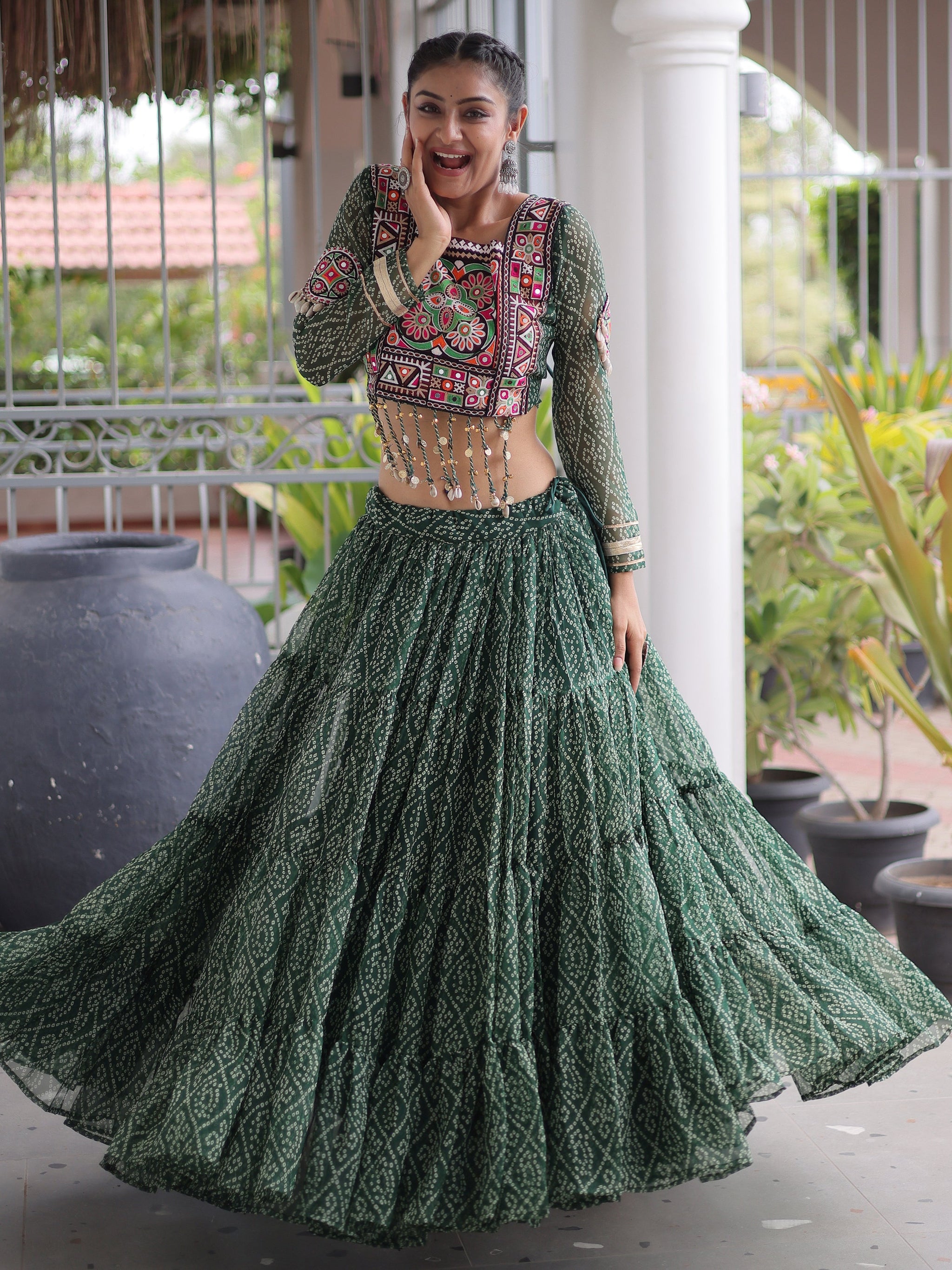 Superb Bottle Green Bandhani Printed Georgette Navratri Lehenga Choli
