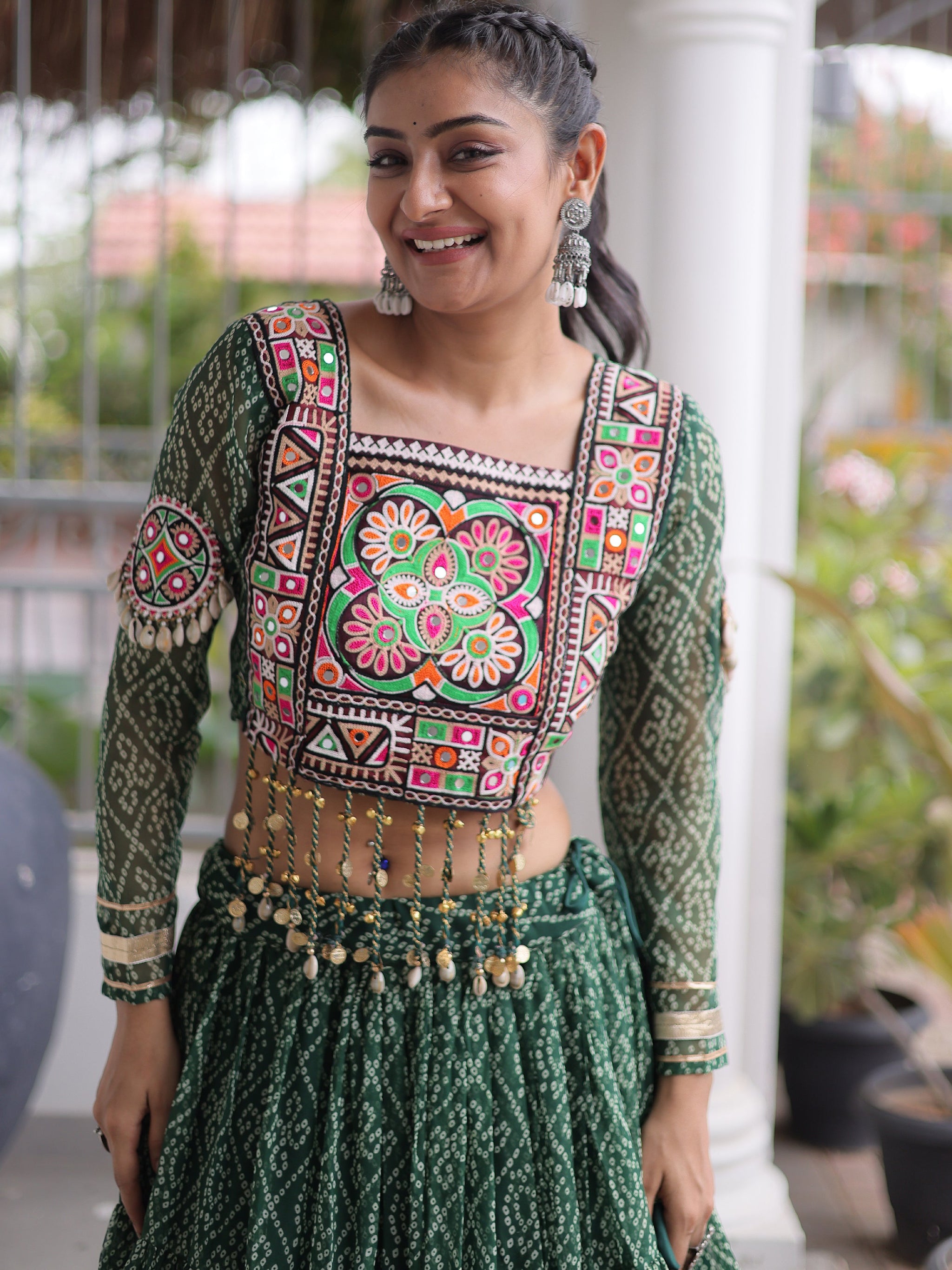 Superb Bottle Green Bandhani Printed Georgette Navratri Lehenga Choli
