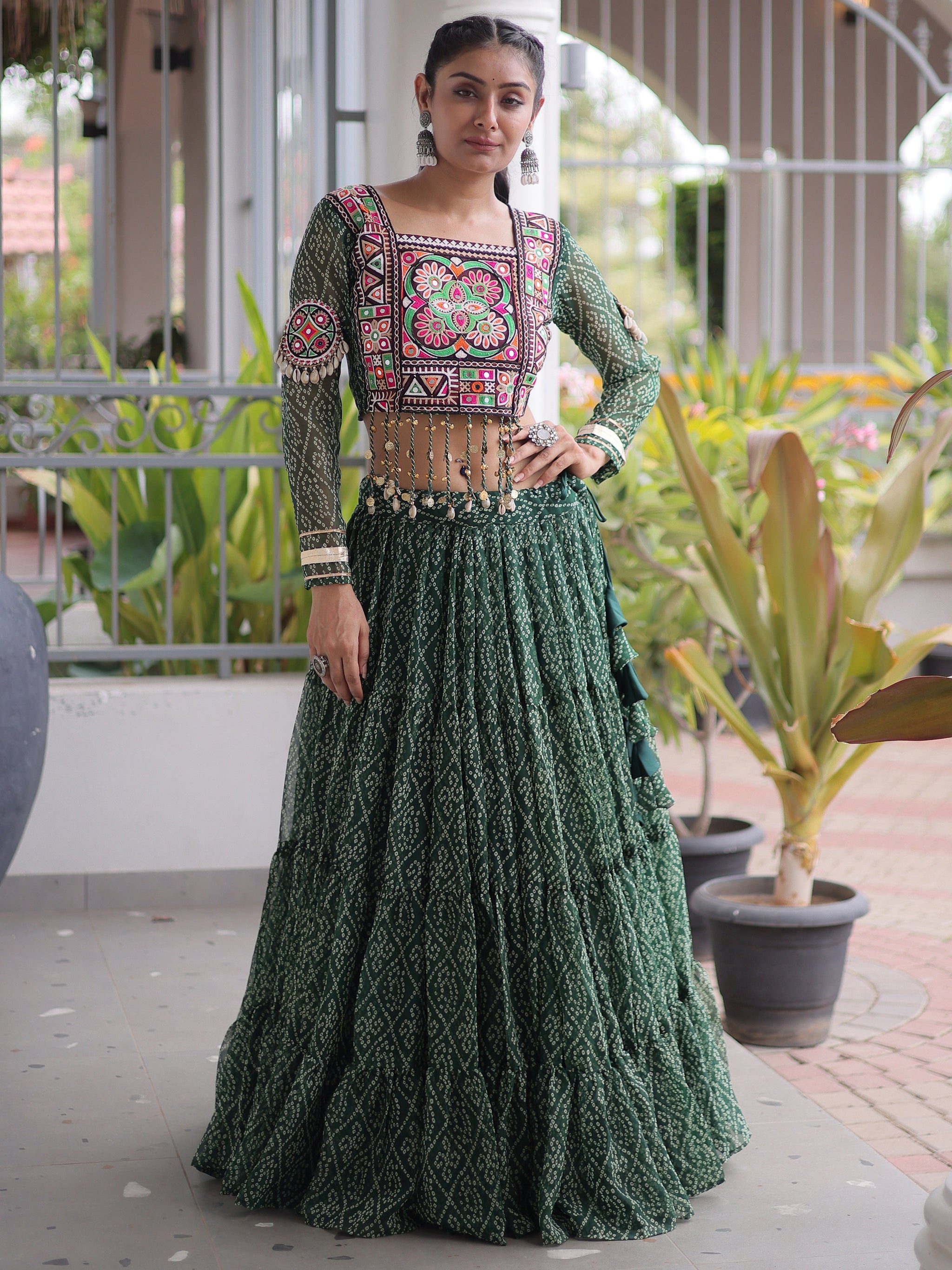 Superb Bottle Green Bandhani Printed Georgette Navratri Lehenga Choli