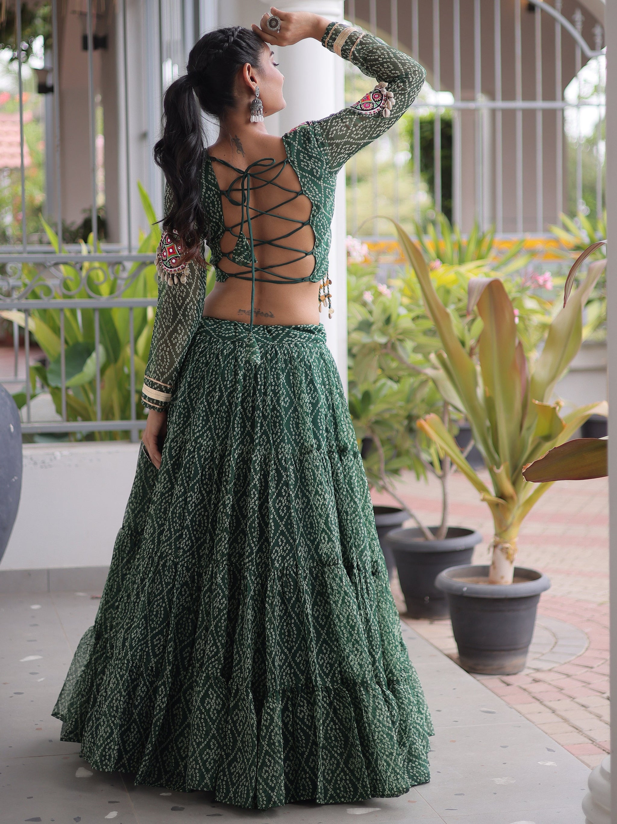 Superb Bottle Green Bandhani Printed Georgette Navratri Lehenga Choli