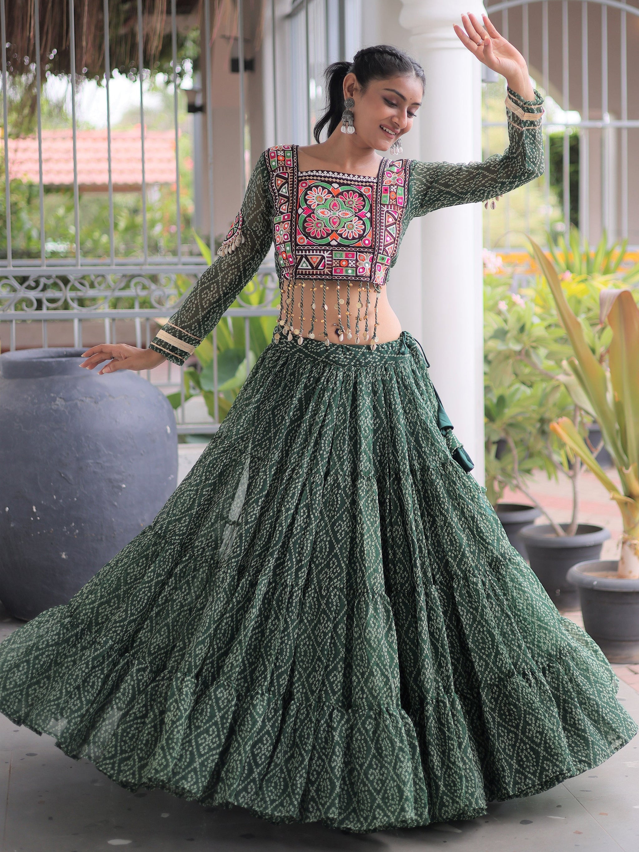 Superb Bottle Green Bandhani Printed Georgette Navratri Lehenga Choli