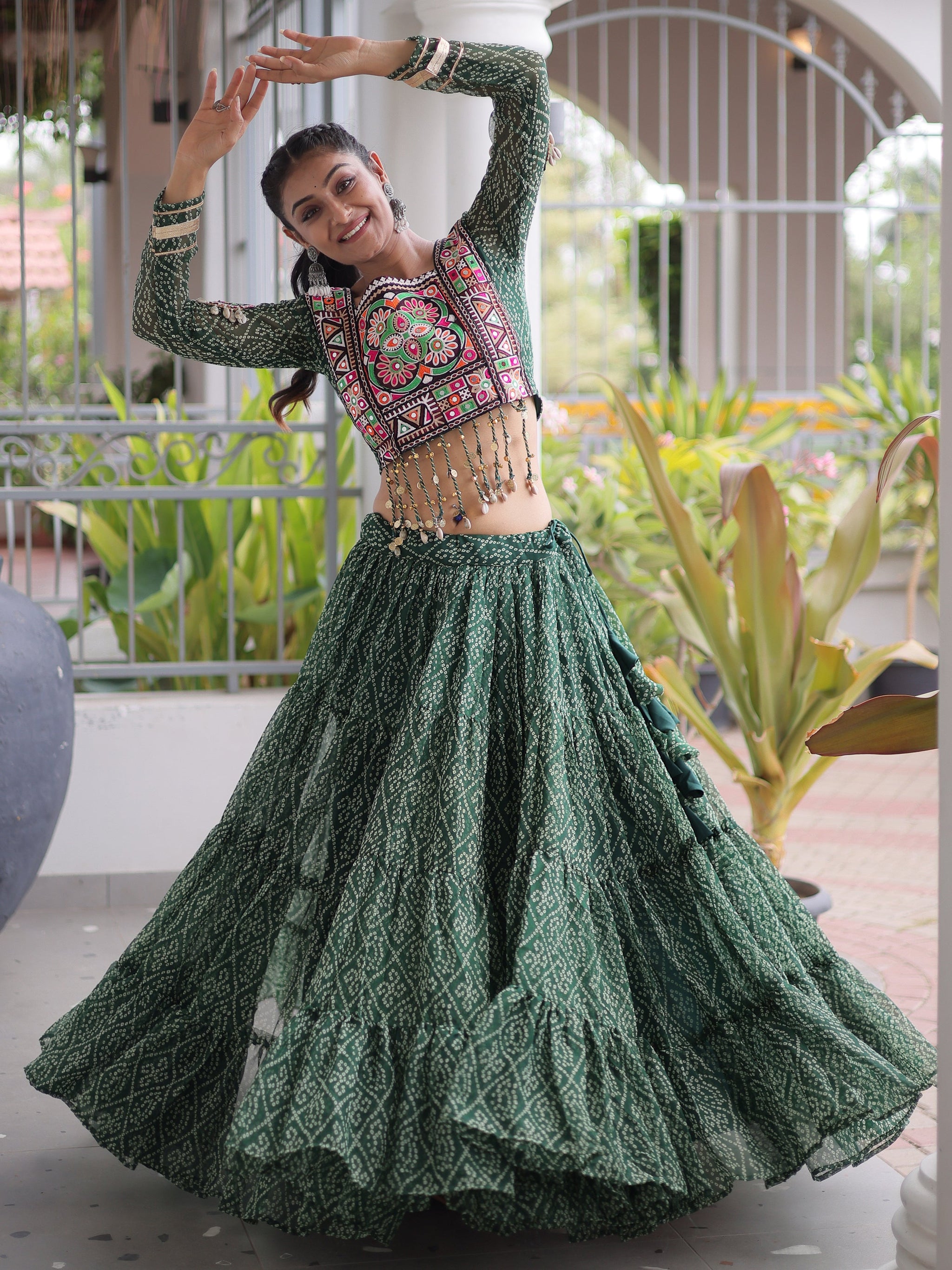 Superb Bottle Green Bandhani Printed Georgette Navratri Lehenga Choli