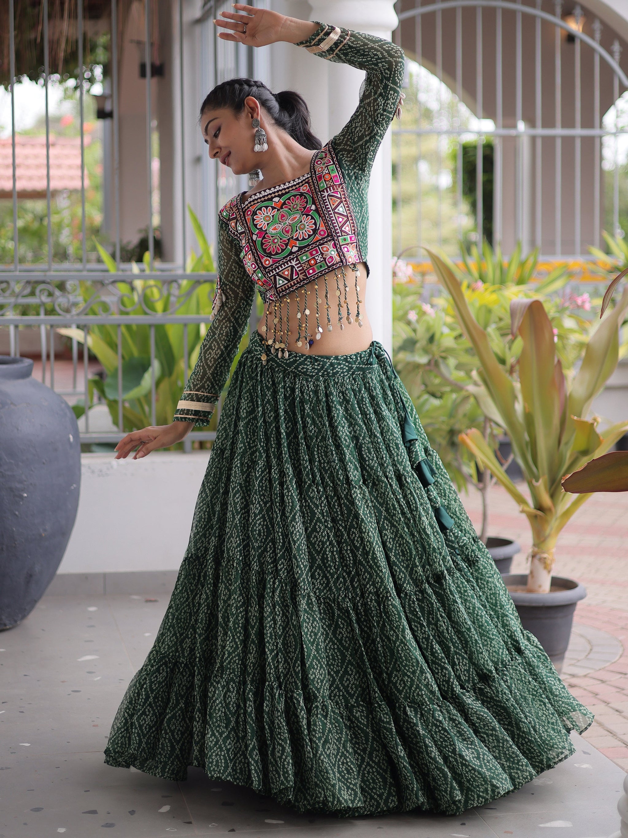 Superb Bottle Green Bandhani Printed Georgette Navratri Lehenga Choli