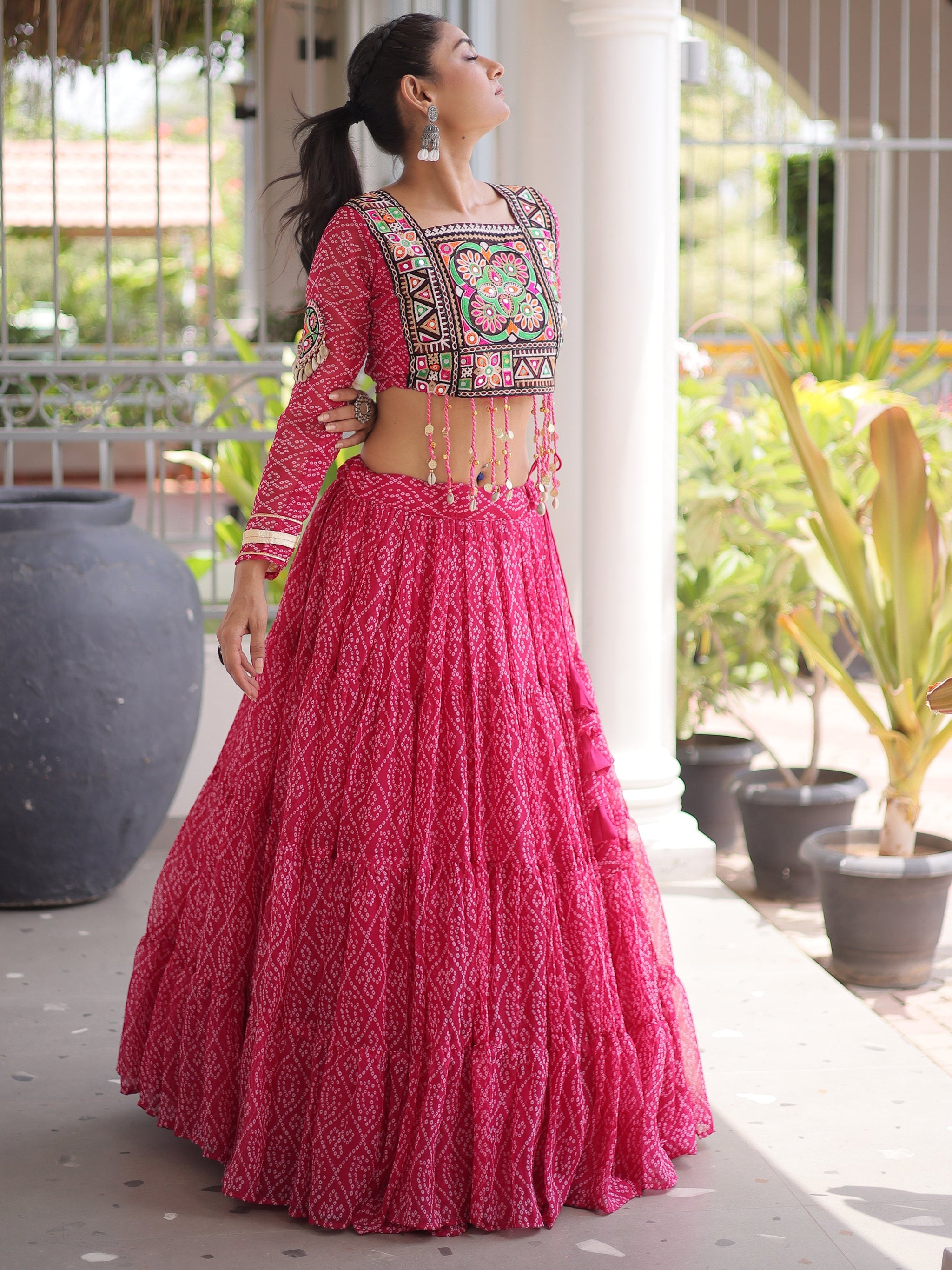 Excellent Pink Bandhani Printed Georgette Navratri Wear Lehenga Choli