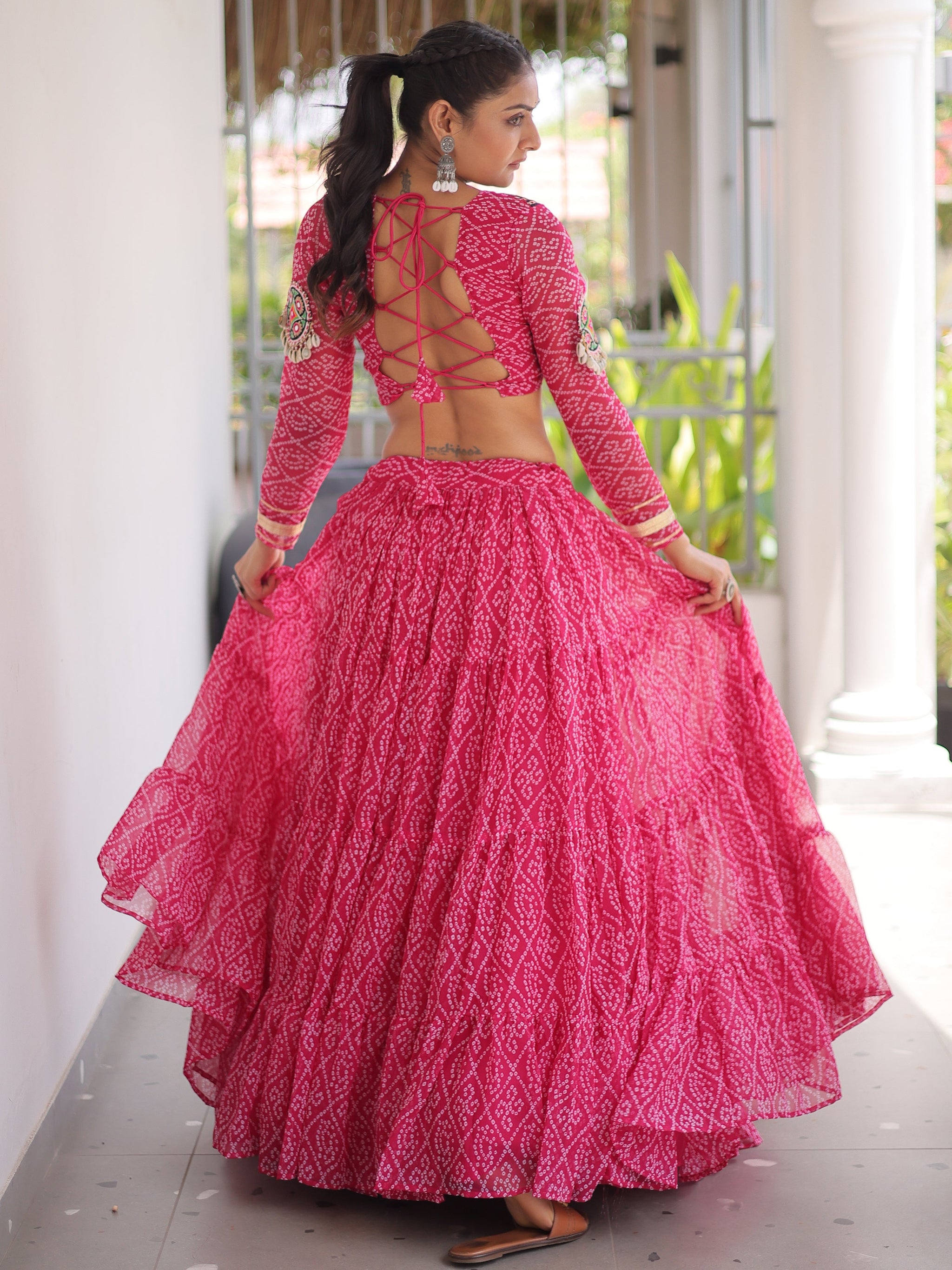 Excellent Pink Bandhani Printed Georgette Navratri Wear Lehenga Choli