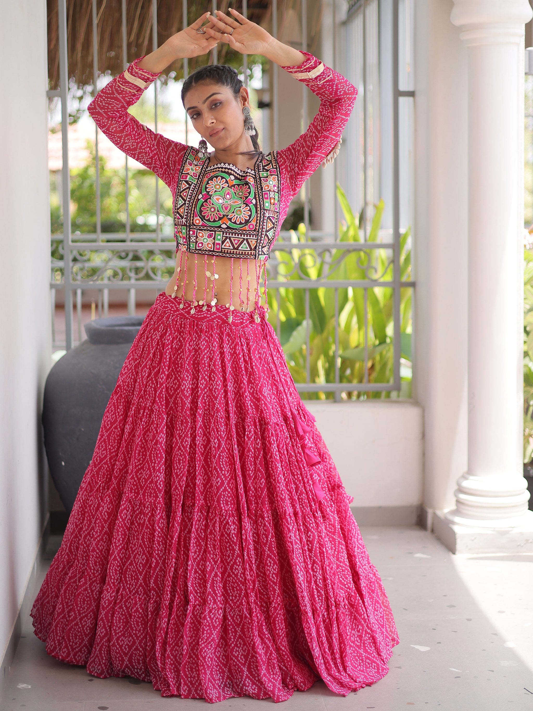 Excellent Pink Bandhani Printed Georgette Navratri Wear Lehenga Choli