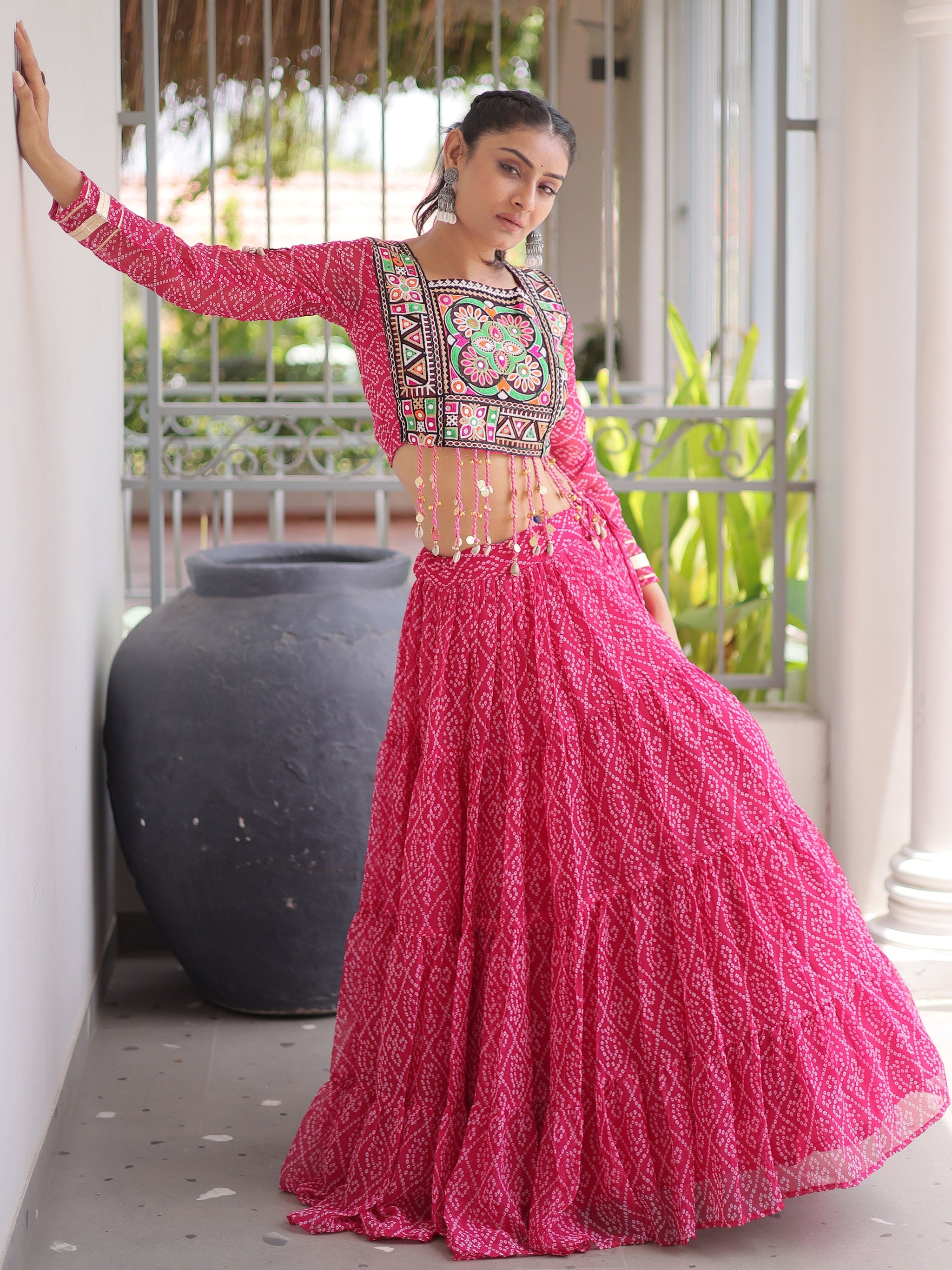 Excellent Pink Bandhani Printed Georgette Navratri Wear Lehenga Choli