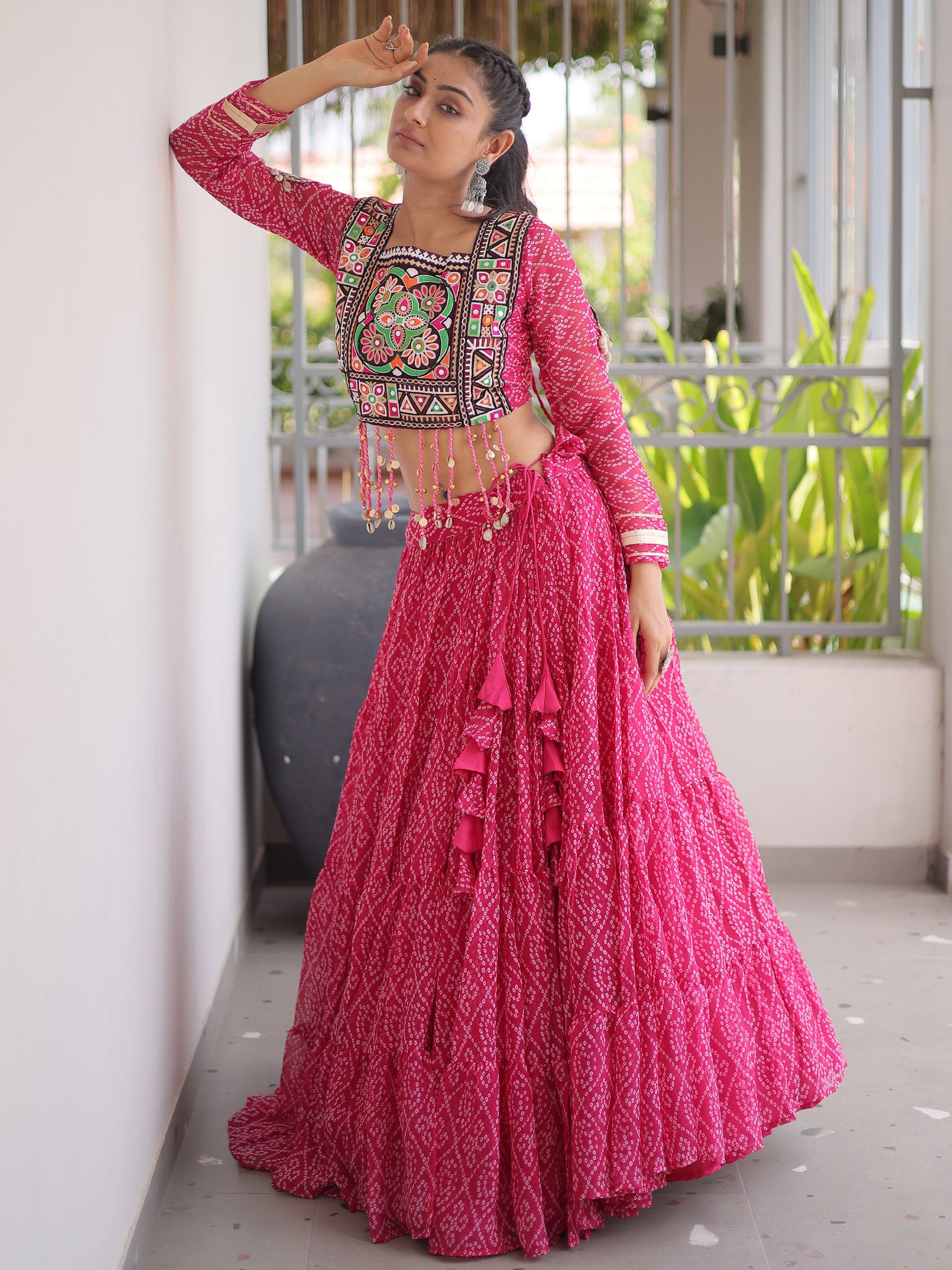 Excellent Pink Bandhani Printed Georgette Navratri Wear Lehenga Choli
