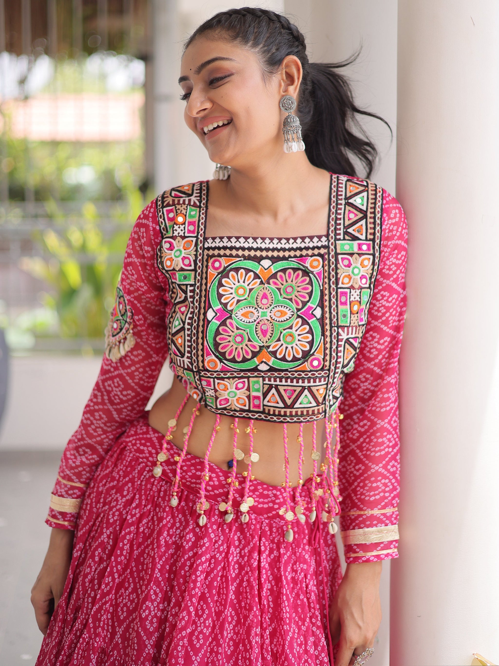 Excellent Pink Bandhani Printed Georgette Navratri Wear Lehenga Choli