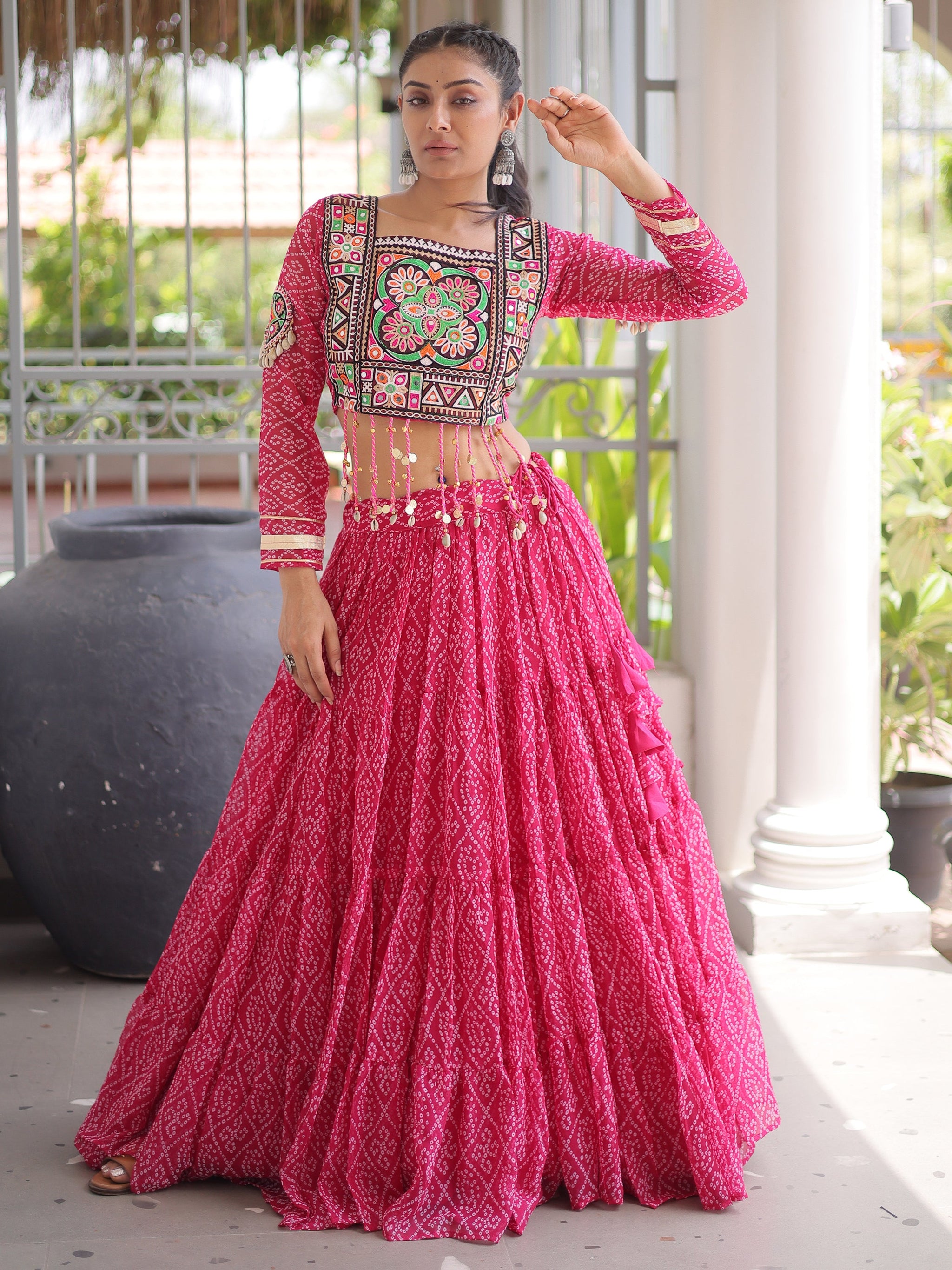Excellent Pink Bandhani Printed Georgette Navratri Wear Lehenga Choli