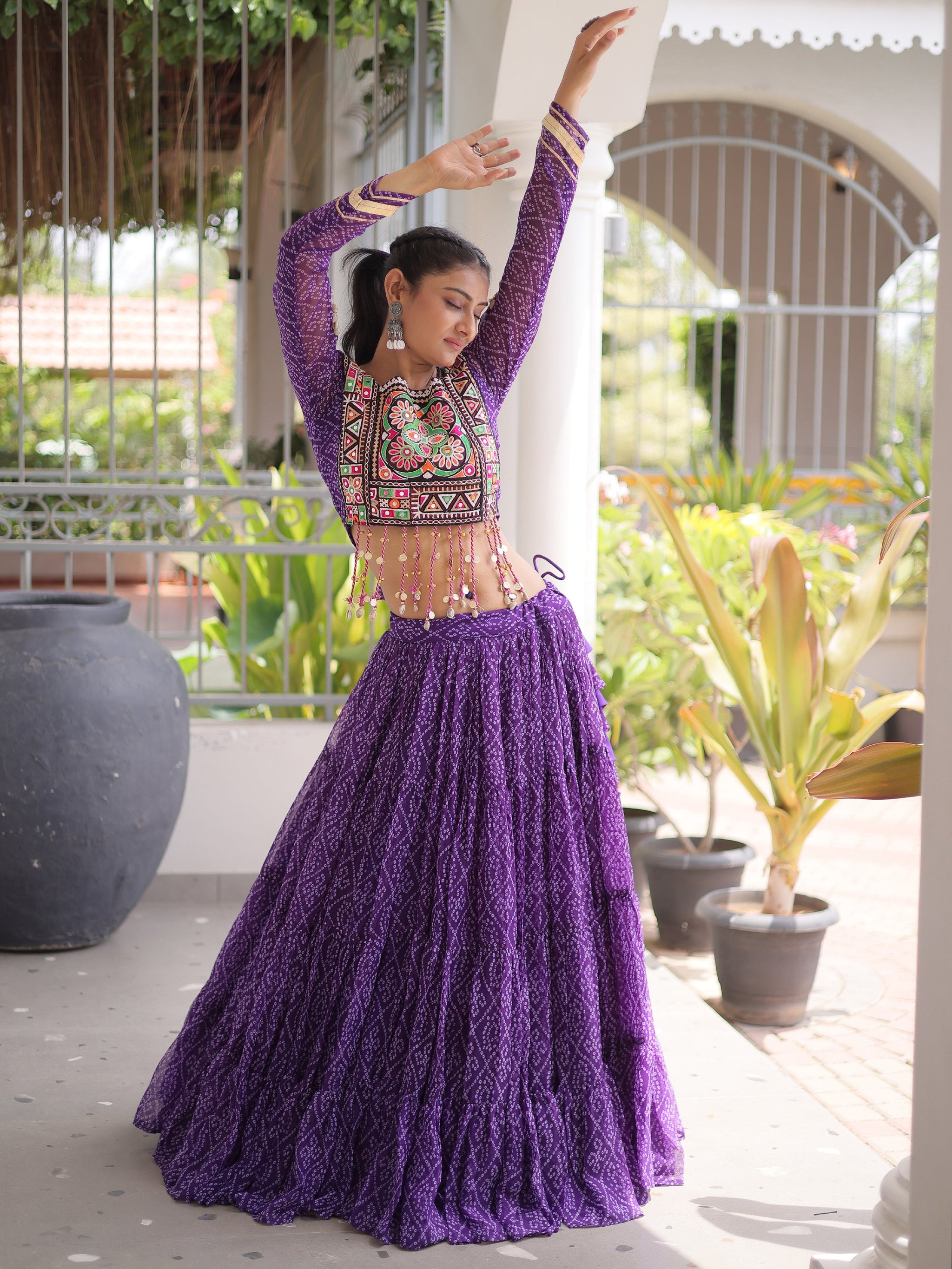 Magnetic Purple Bandhani Printed Georgette Navratri Special Lehenga Choli