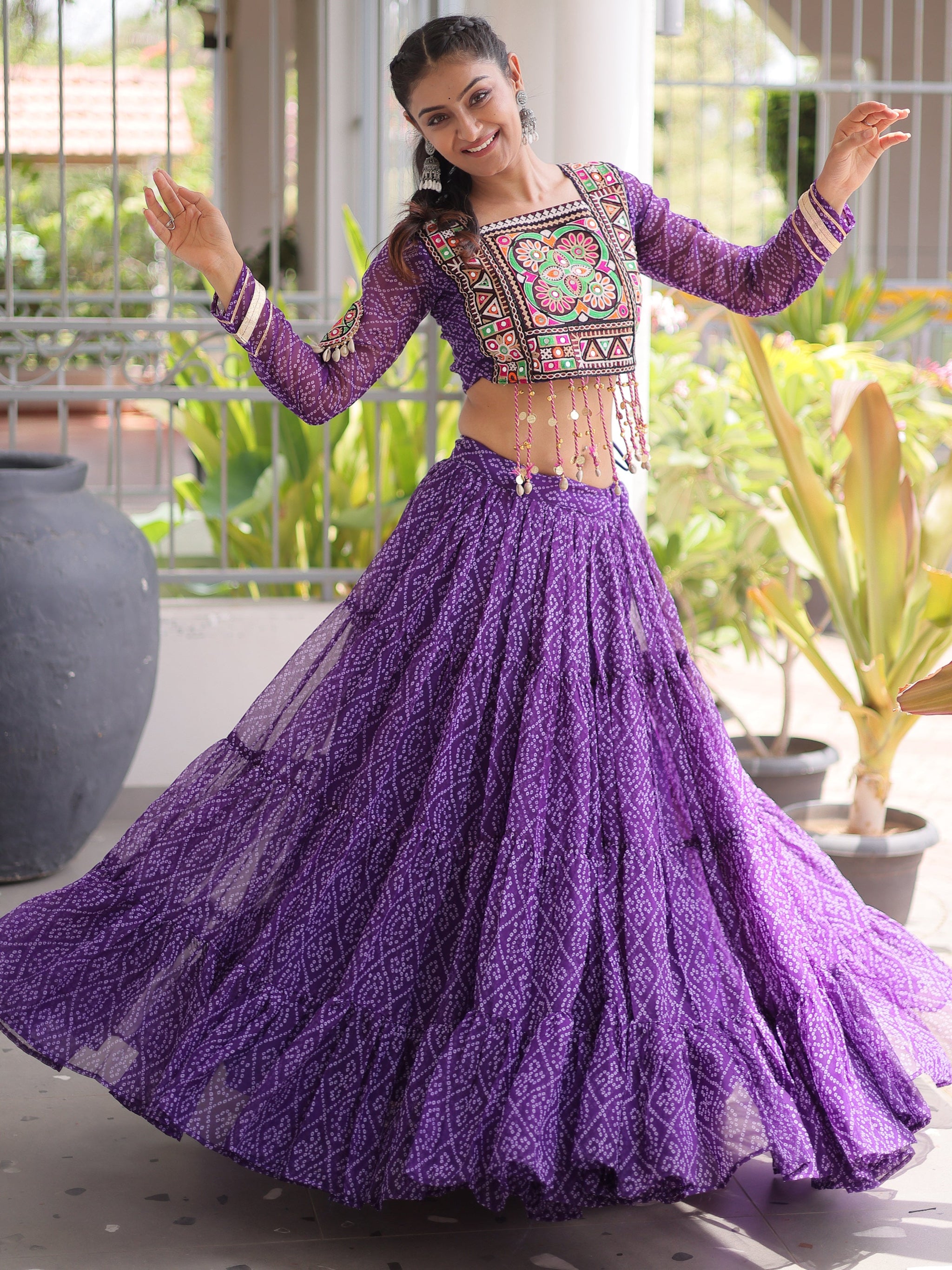 Magnetic Purple Bandhani Printed Georgette Navratri Special Lehenga Choli