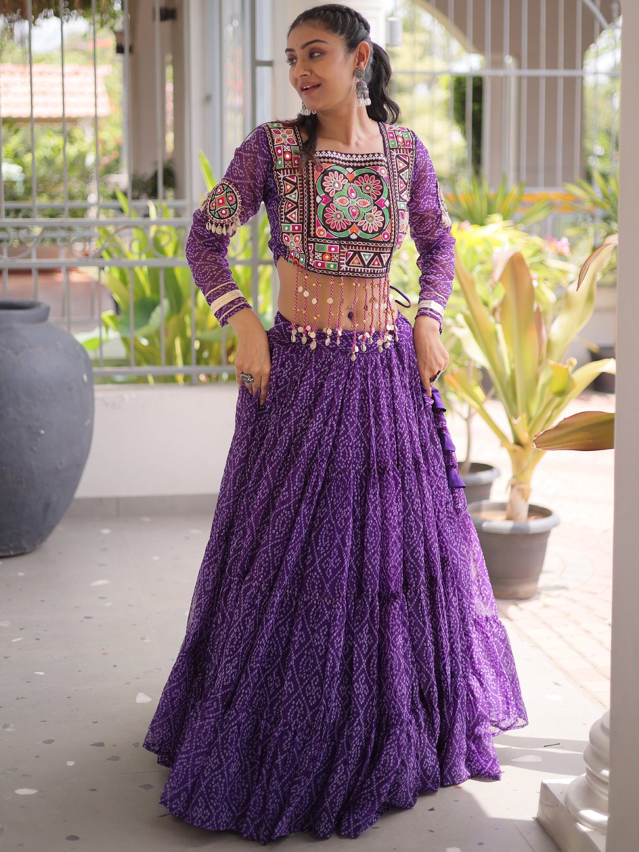 Magnetic Purple Bandhani Printed Georgette Navratri Special Lehenga Choli