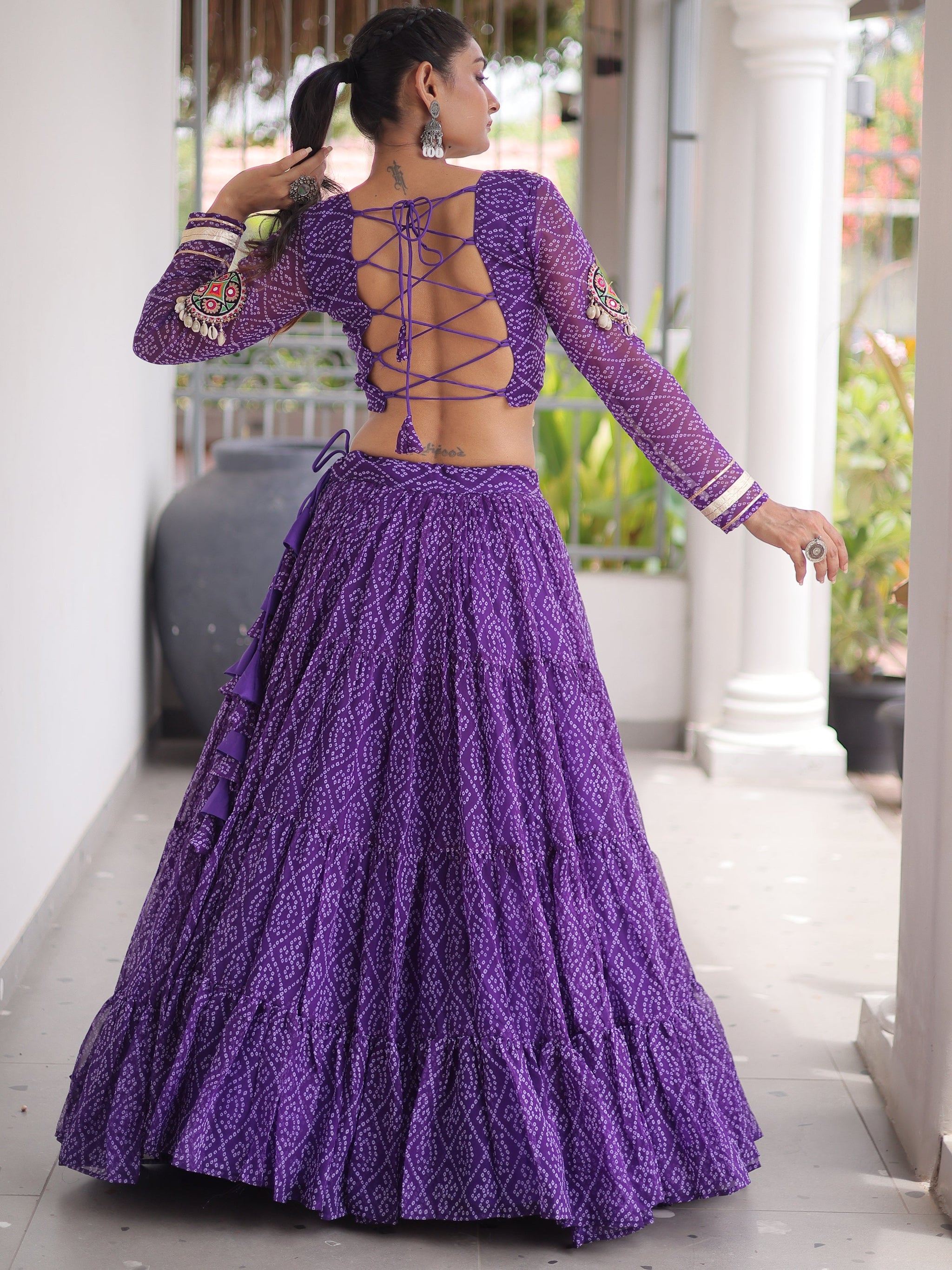 Magnetic Purple Bandhani Printed Georgette Navratri Special Lehenga Choli