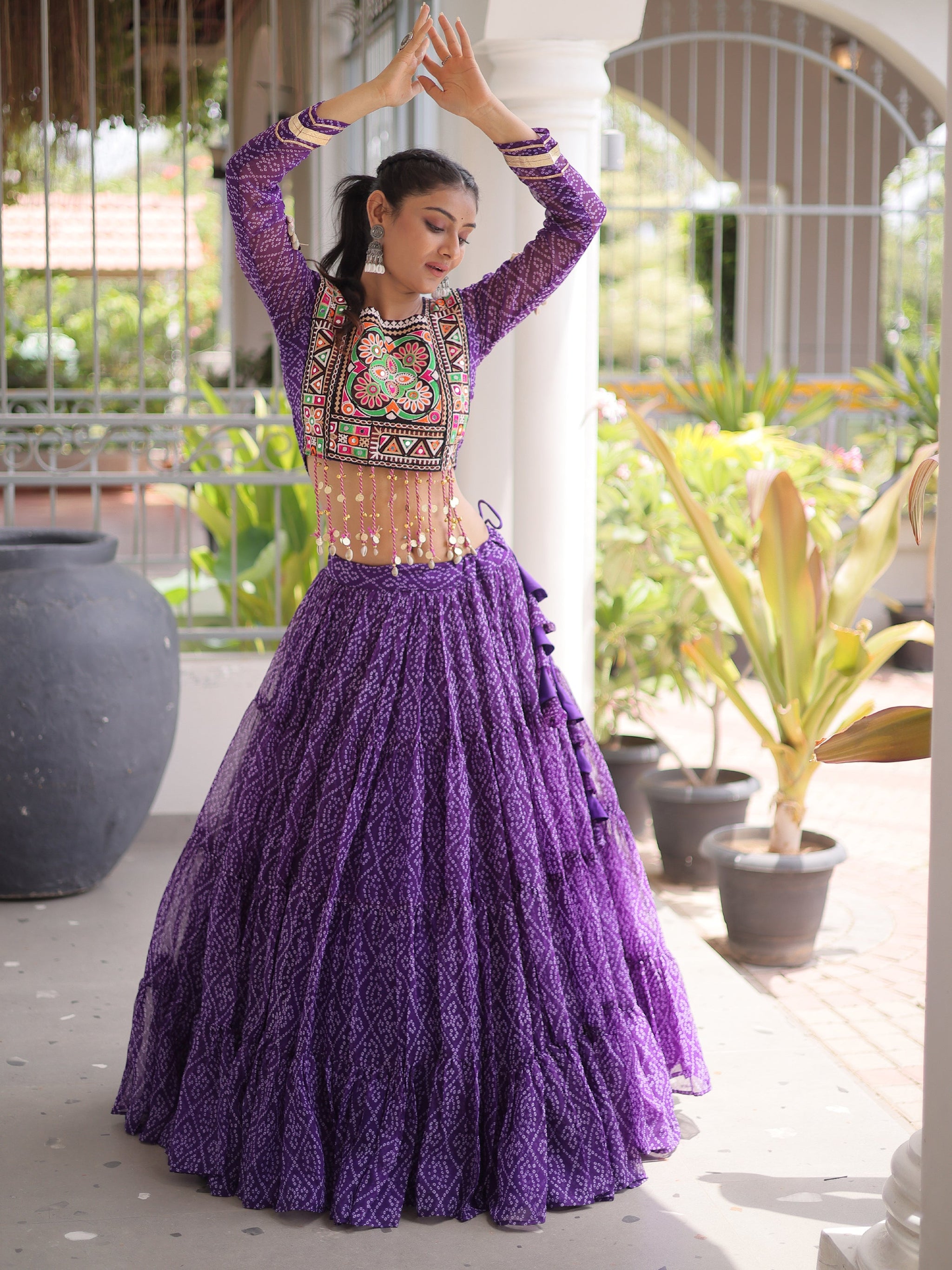 Magnetic Purple Bandhani Printed Georgette Navratri Special Lehenga Choli