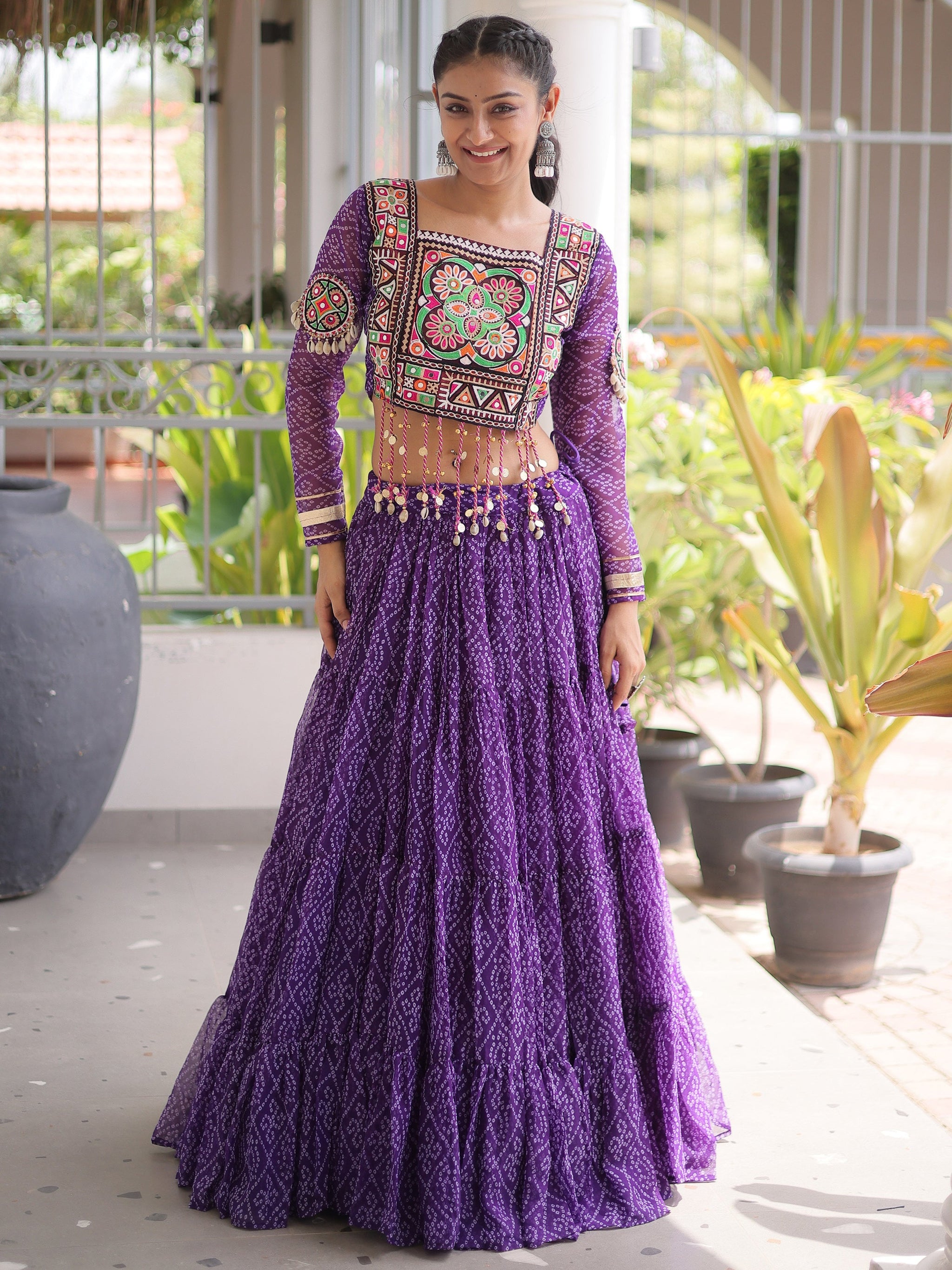 Magnetic Purple Bandhani Printed Georgette Navratri Special Lehenga Choli
