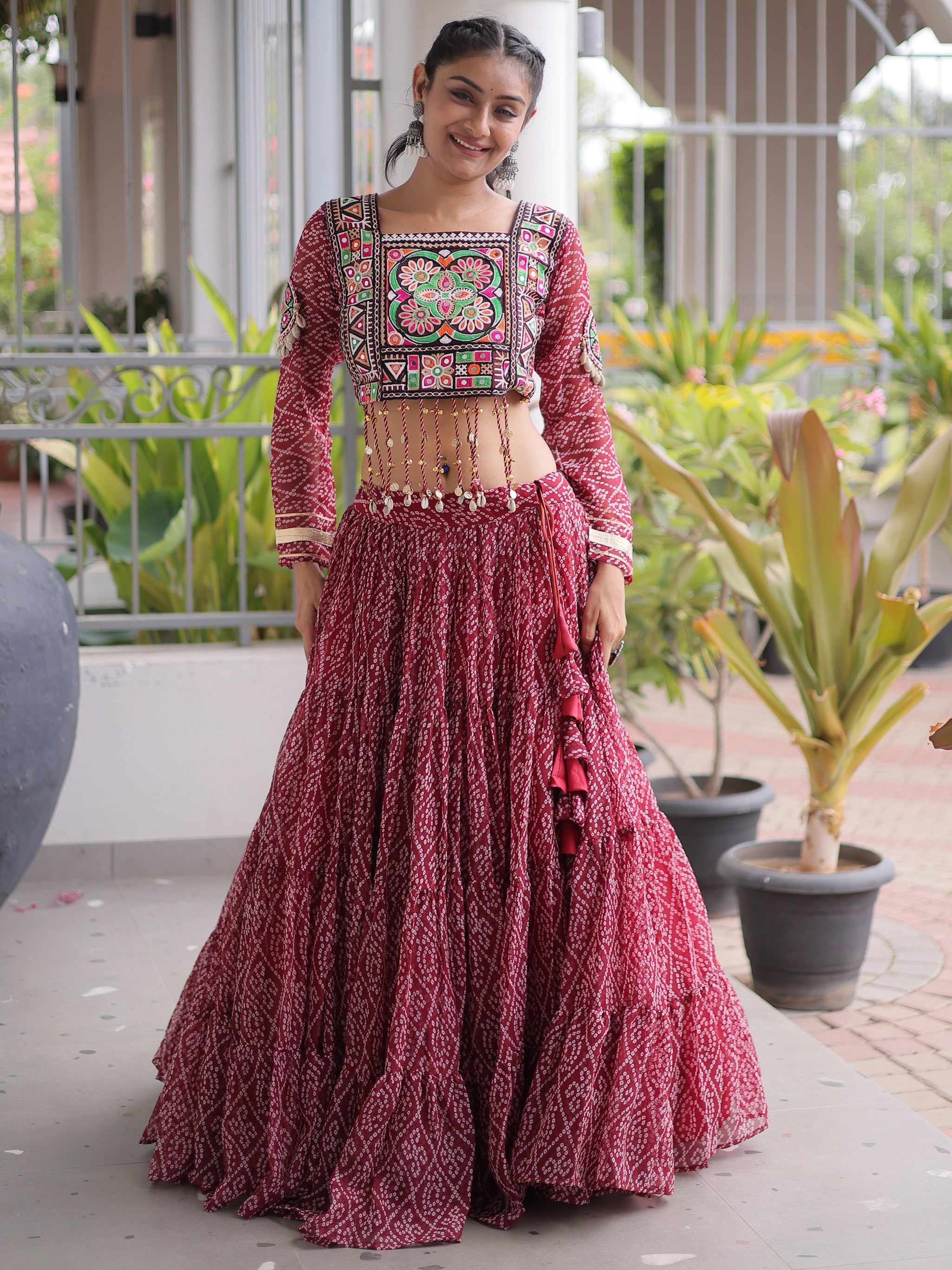 Awesome Maroon Georgette Navratri Special Lehenga Patch Work Choli