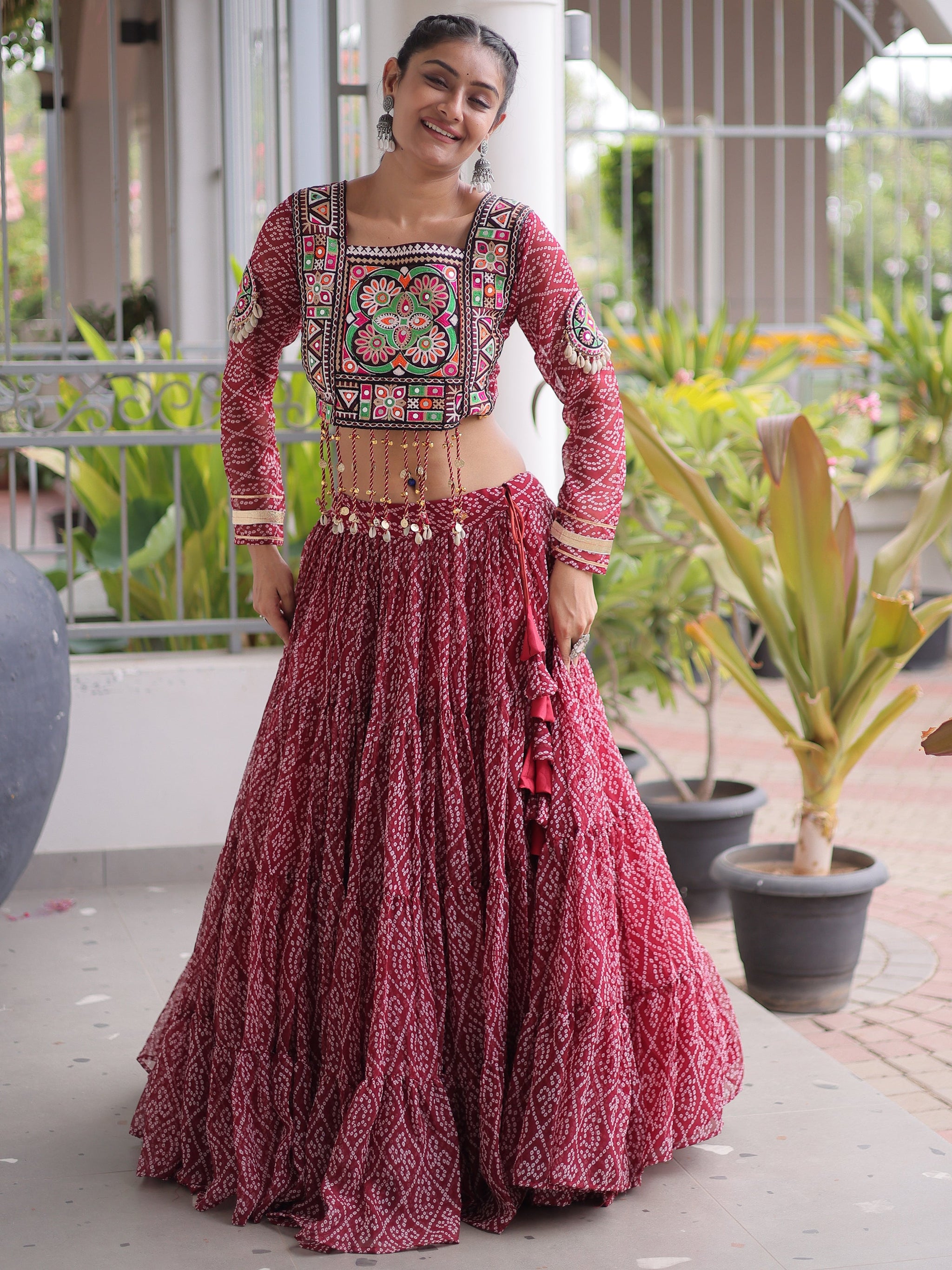 Awesome Maroon Georgette Navratri Special Lehenga Patch Work Choli