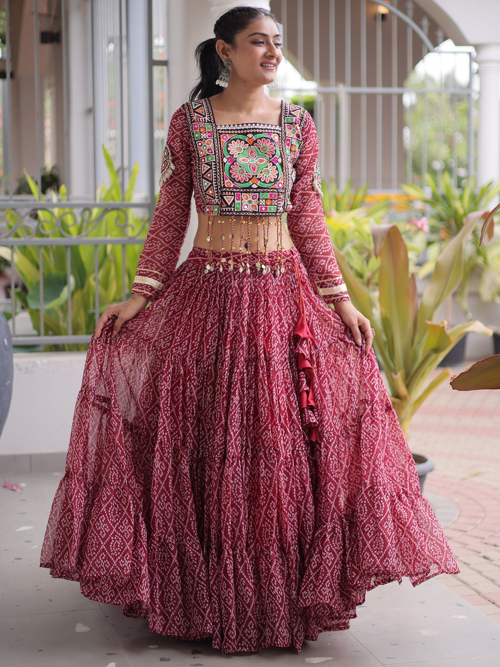 Awesome Maroon Georgette Navratri Special Lehenga Patch Work Choli