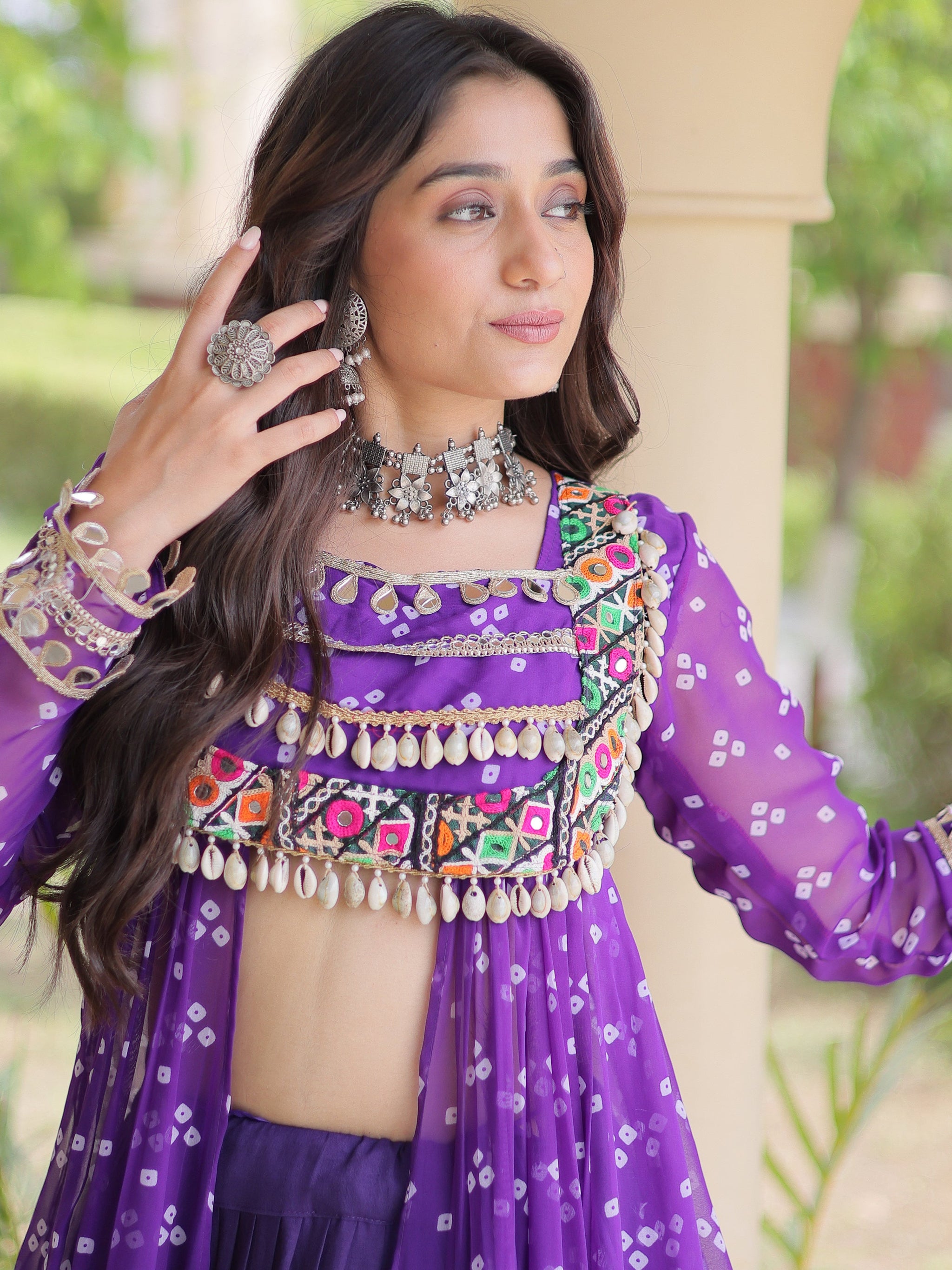 Purple Bandhni Printed Cotton Navratri Wear Lehenga And Kurti Set