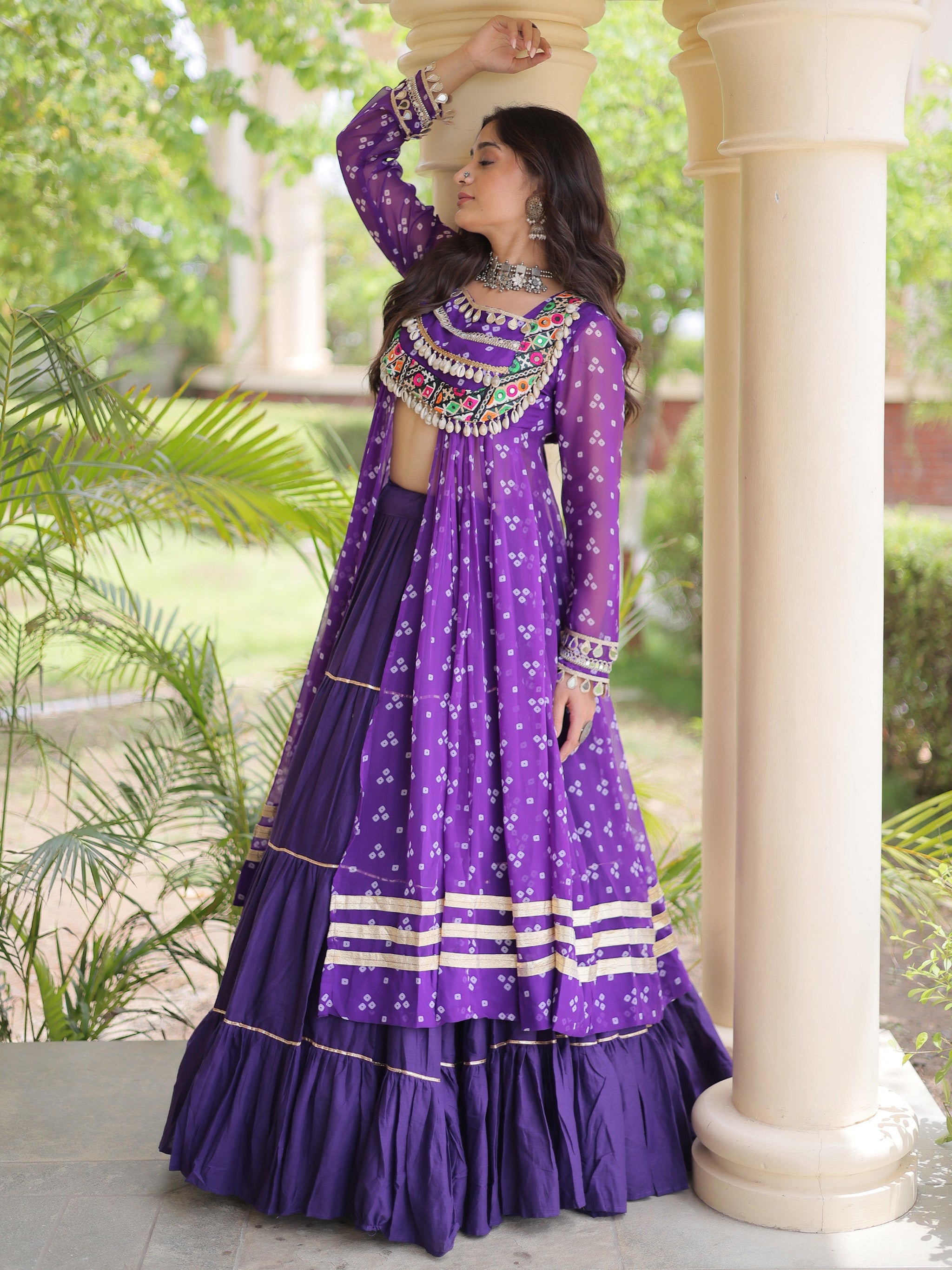 Purple Bandhni Printed Cotton Navratri Wear Lehenga And Kurti Set