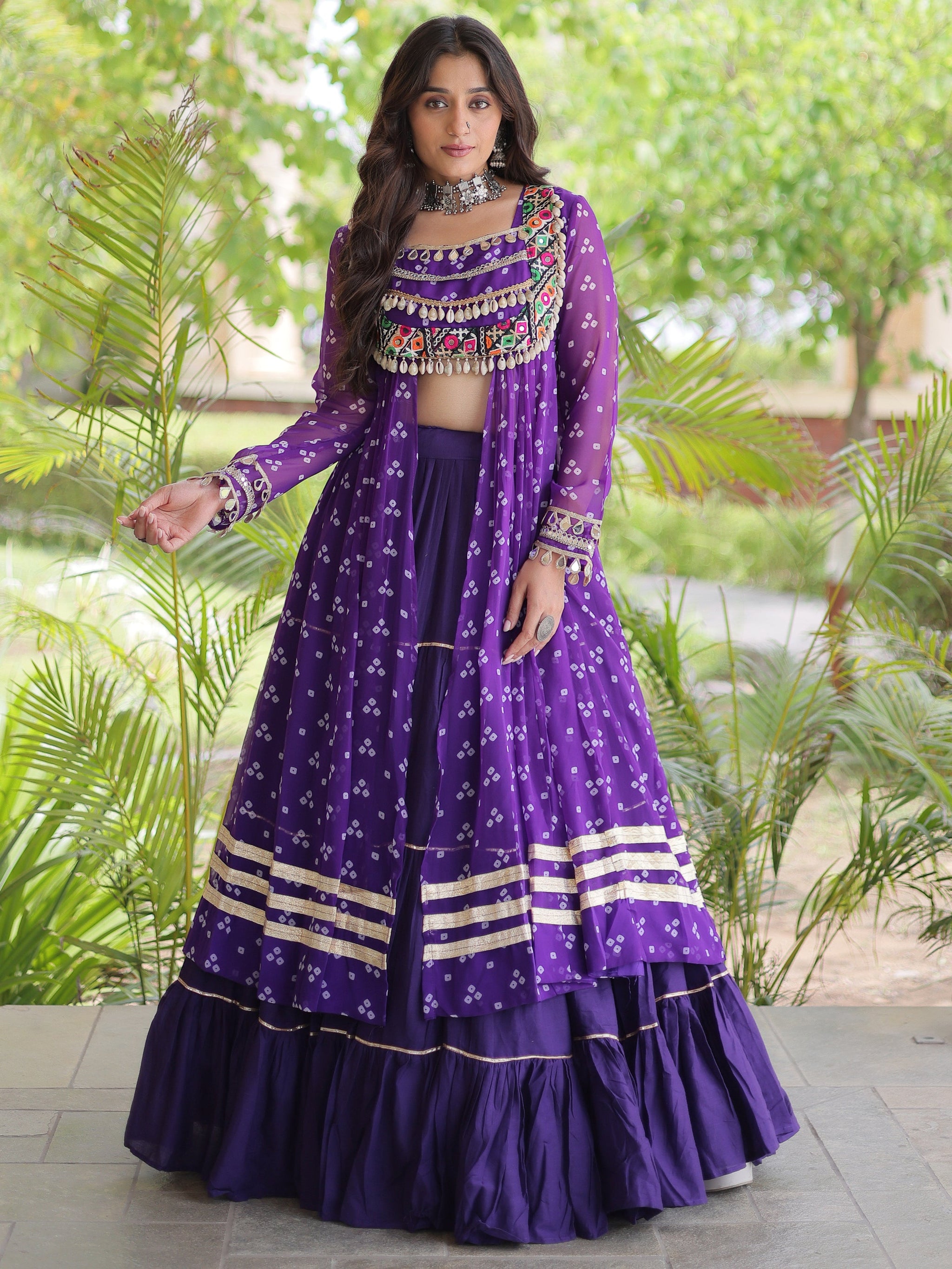 Purple Bandhni Printed Cotton Navratri Wear Lehenga And Kurti Set