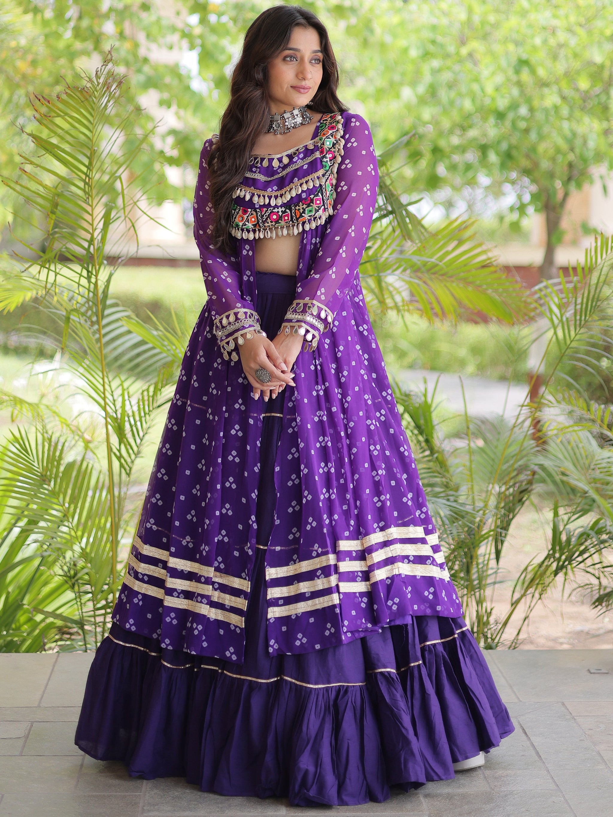 Purple Bandhni Printed Cotton Navratri Wear Lehenga And Kurti Set