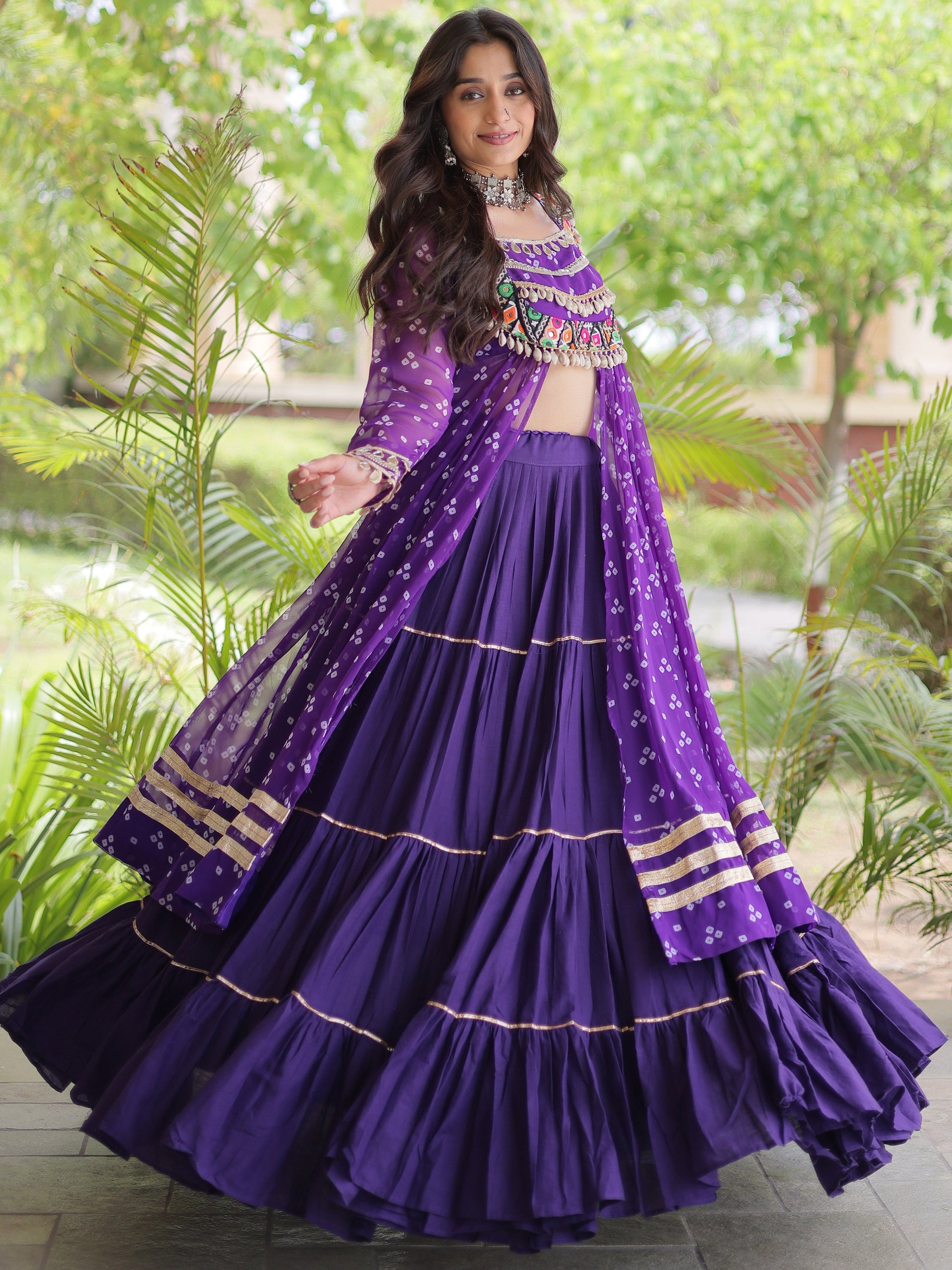Purple Bandhni Printed Cotton Navratri Wear Lehenga And Kurti Set
