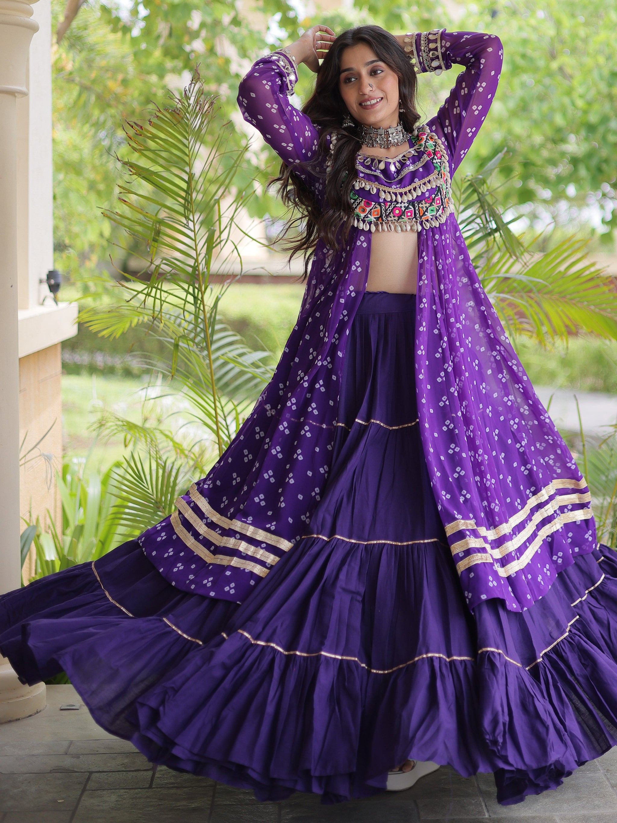 Purple Bandhni Printed Cotton Navratri Wear Lehenga And Kurti Set