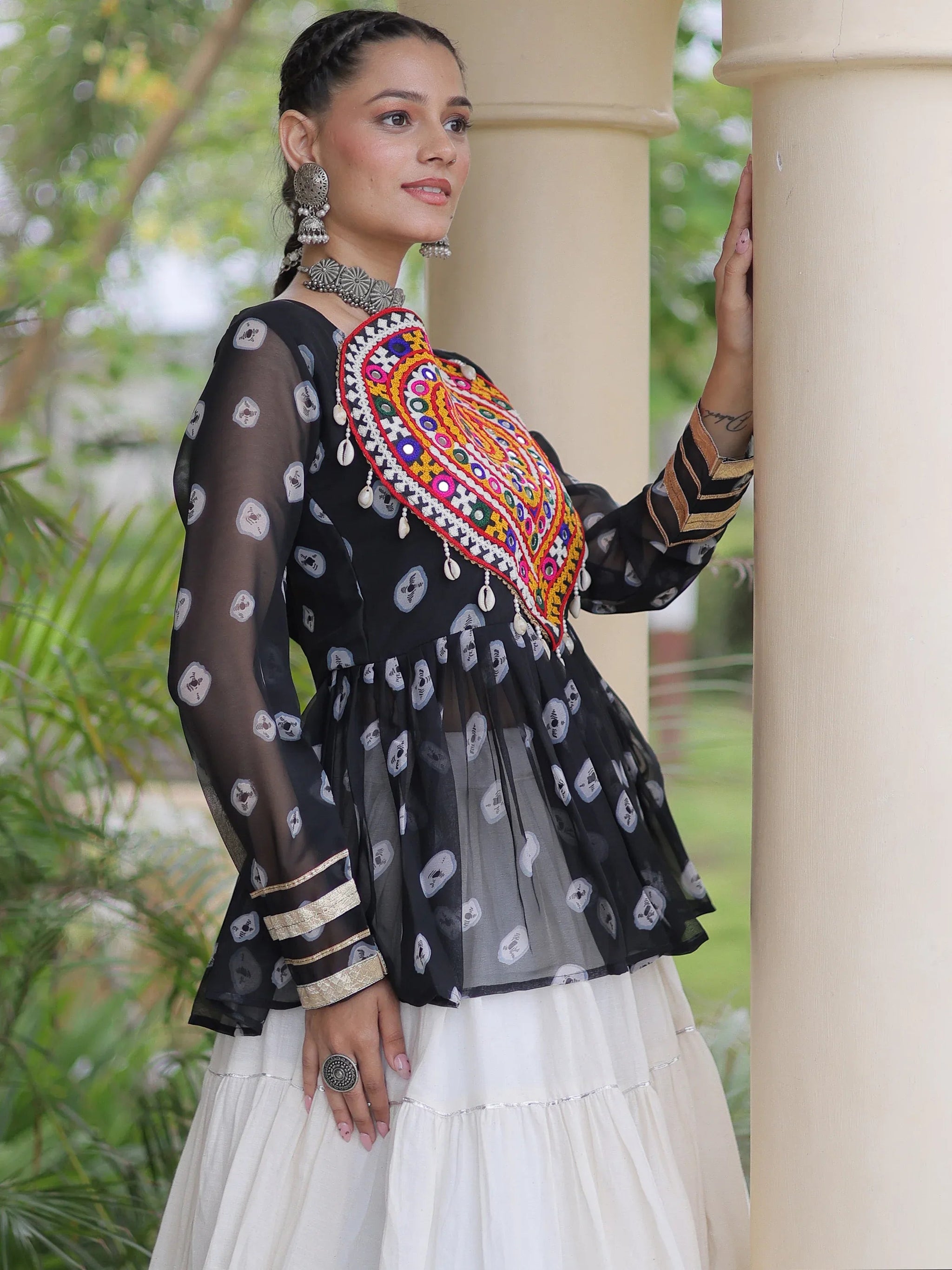 Classy Black Cotton Navratri Lehenga With Bandhani Printed Peplum Top