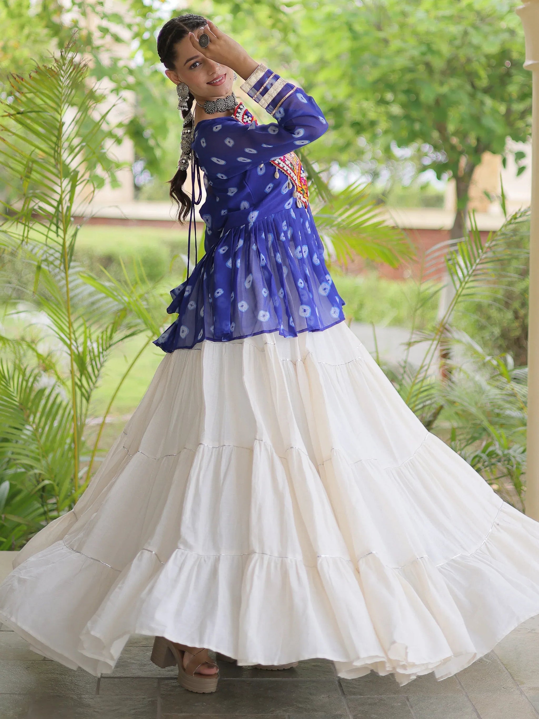 Royal Blue Cotton Navratri Wear Lehenga With Patch Work Peplum Top