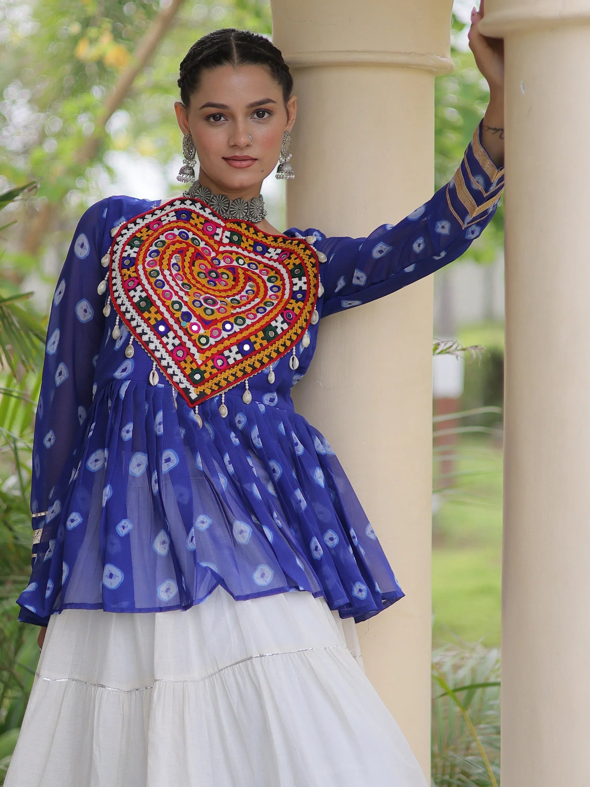 Royal Blue Cotton Navratri Wear Lehenga With Patch Work Peplum Top
