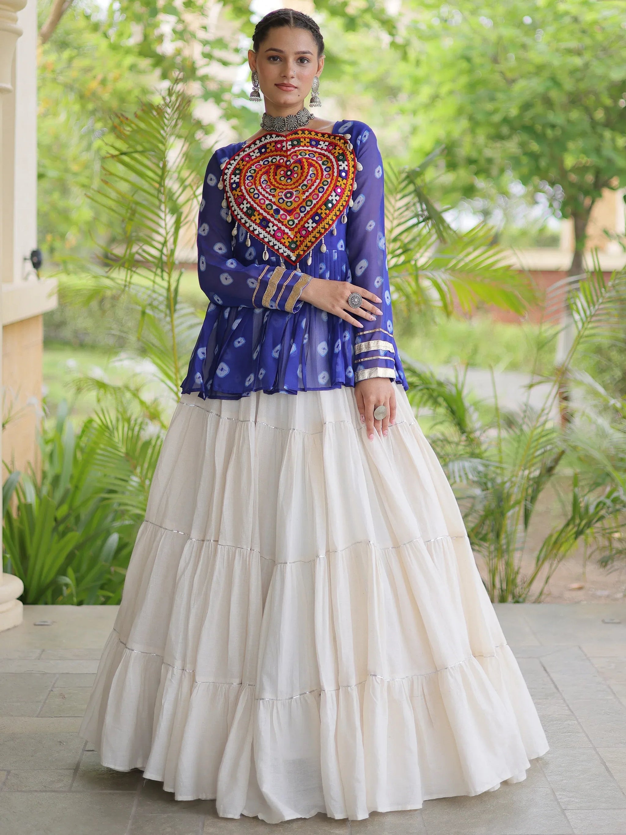 Royal Blue Cotton Navratri Wear Lehenga With Patch Work Peplum Top